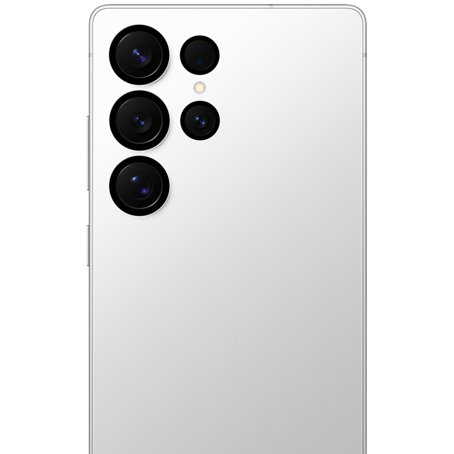 Back of a white smartphone featuring four camera lenses and a flash.