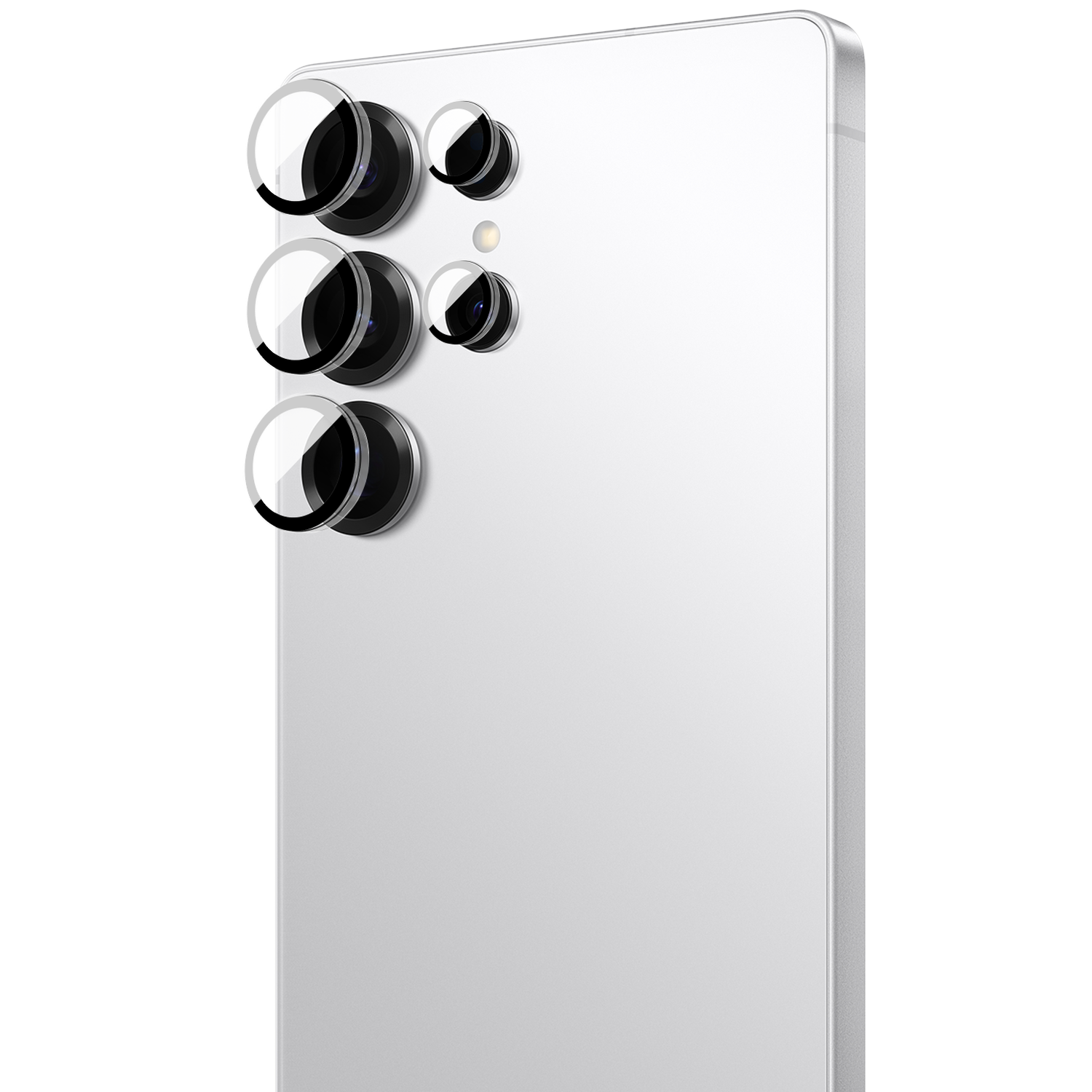 Protective glass lenses on a white phone back with four cameras.