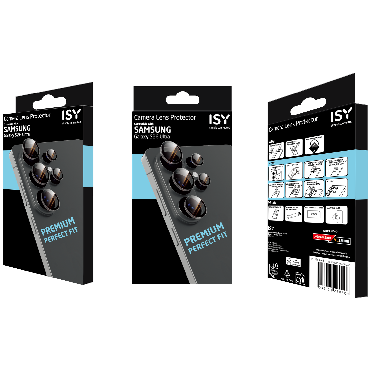 Packaging for ISY Samsung Galaxy S26 Ultra camera lens protector with 3 lenses.