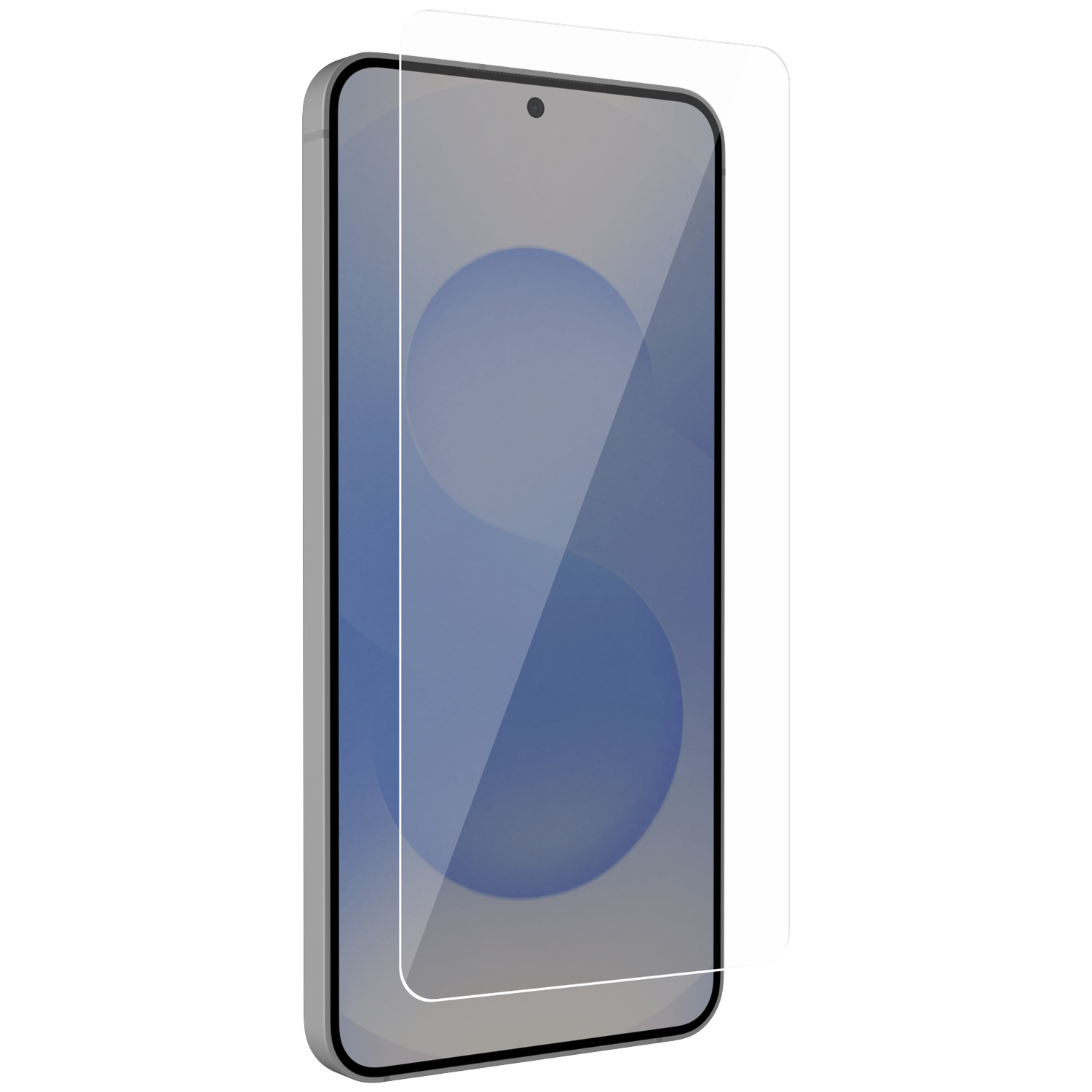 Een smartphone met een schermprotector. Het display is blauw en grijs.