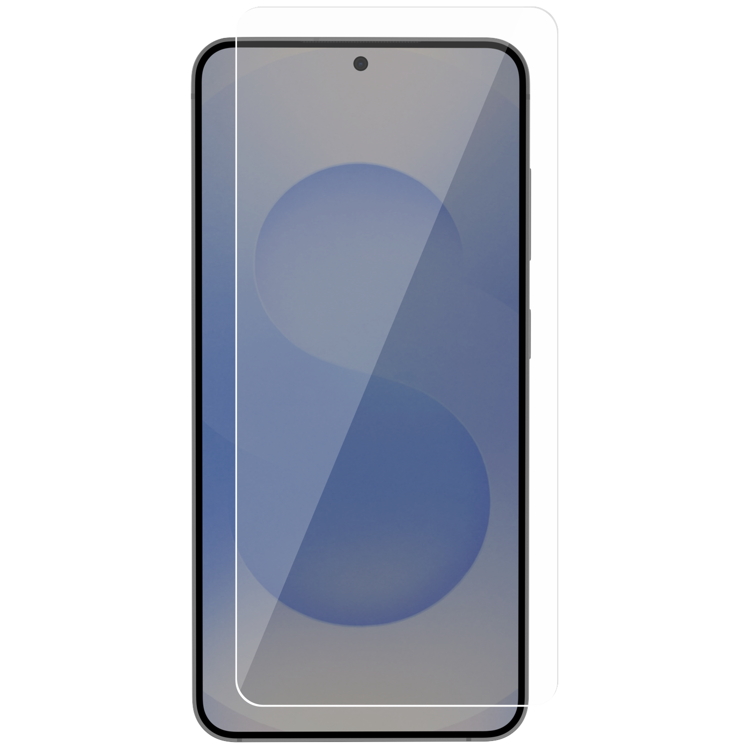 Een smartphone met een schermprotector. Het scherm toont een blauwe cirkel.
