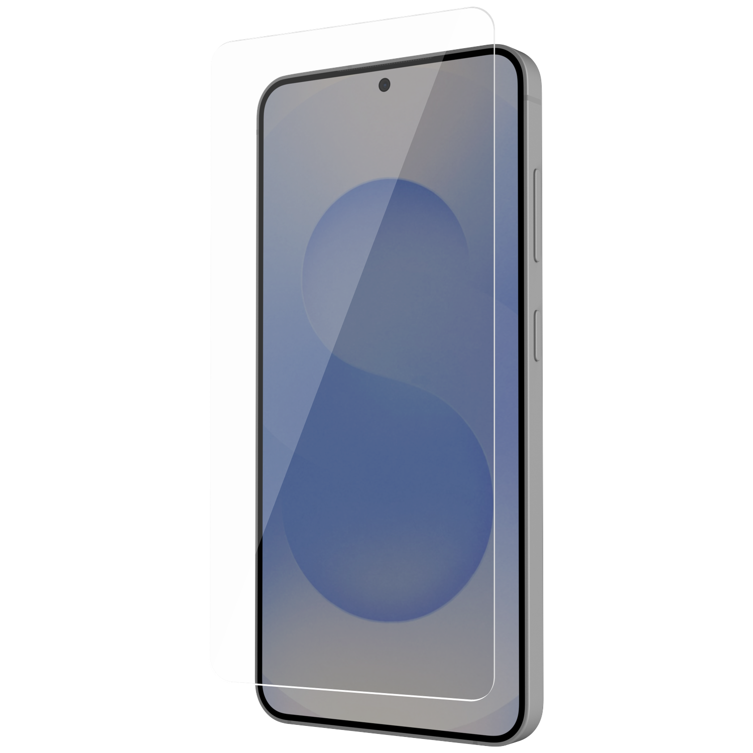 Een smartphone met schermbeschermer. Het scherm toont een blauwe cirkel.