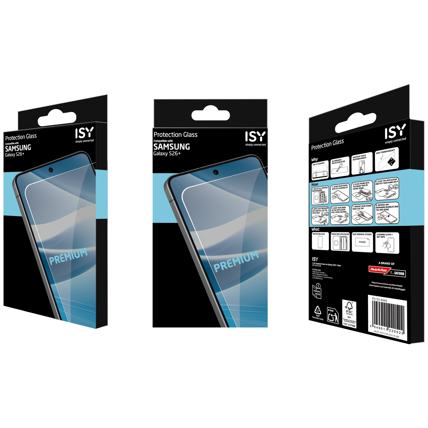 Drie verpakkingen met screenprotectors voor Samsung Galaxy S26+.