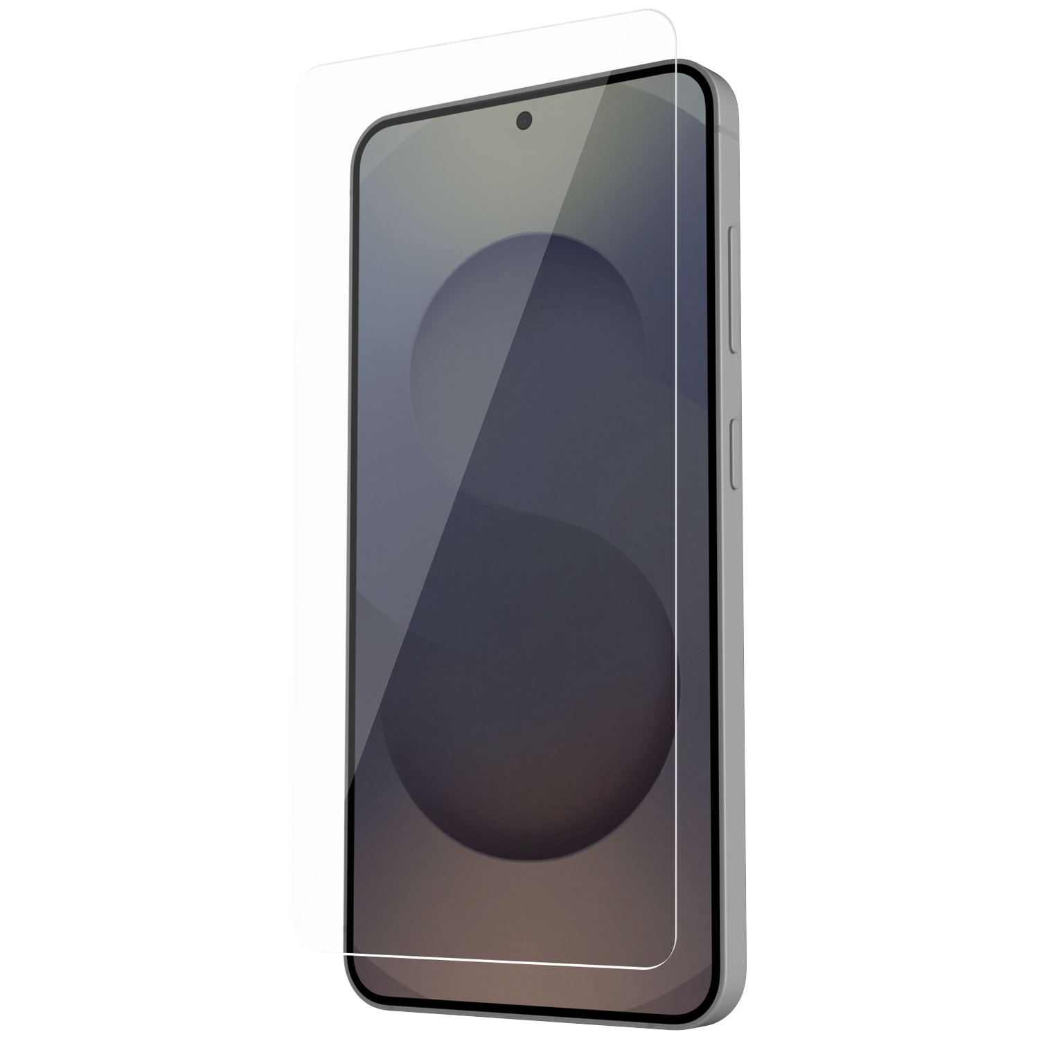 Een grijze smartphone met een schermprotector op het display.