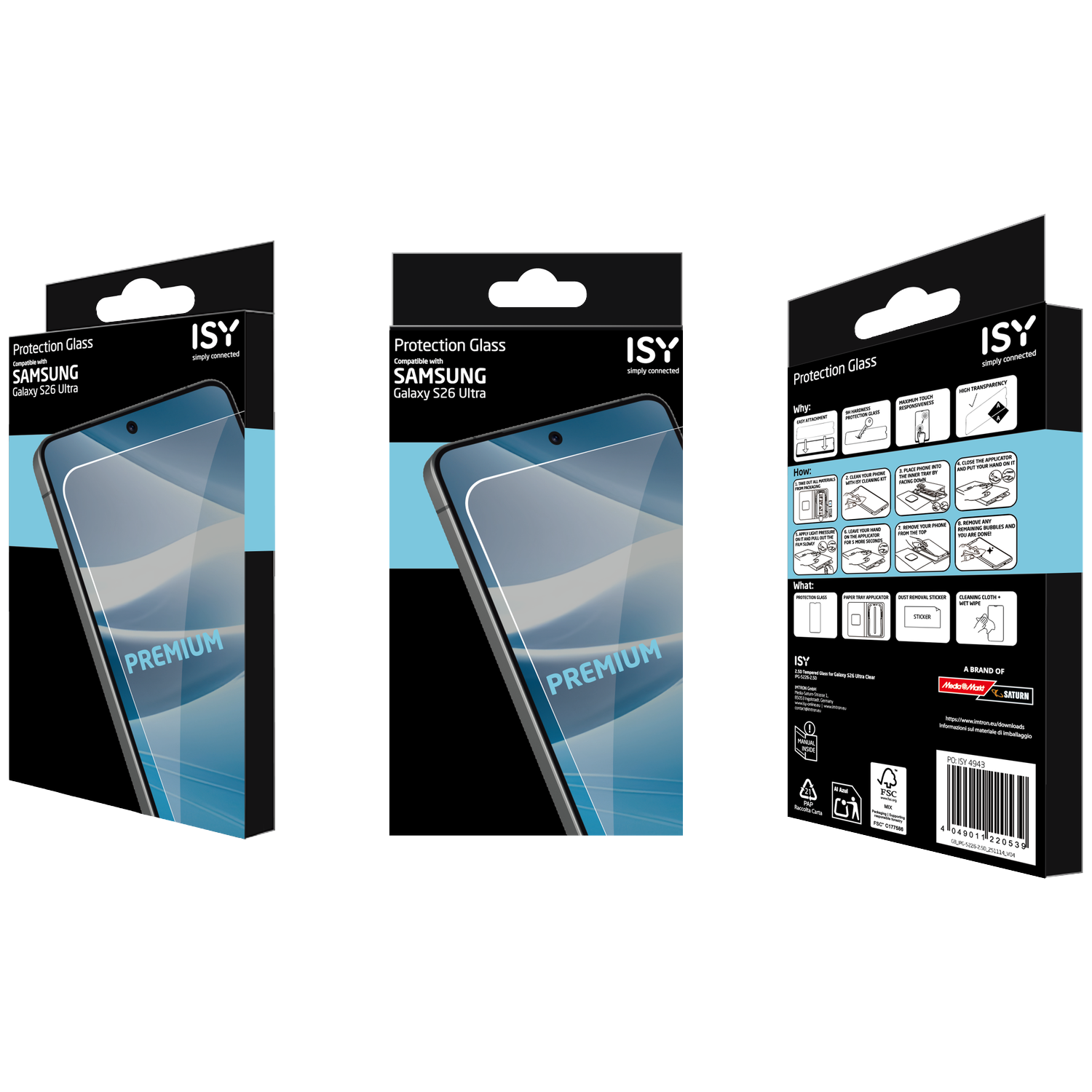 ISY screenprotector voor Samsung Galaxy S26 Ultra, met applicator. Set van drie.