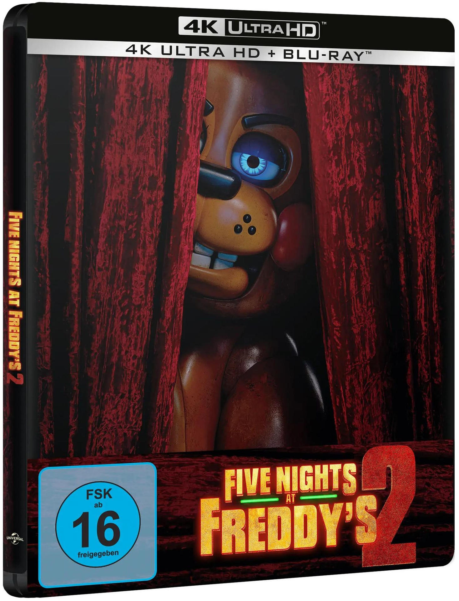 Freddy Fazbear hinter roten Vorhängen, 4K UHD Blu-ray Cover von Five Nights at Freddy's 2.