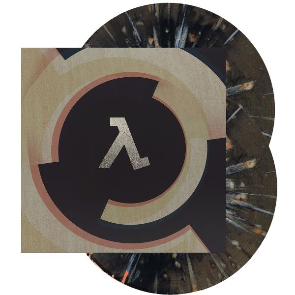 Schwarzes kreisförmiges Logo mit einem silbernen Lambda-Symbol, umgeben von beige- und rosafarbenen abstrakten Formen.