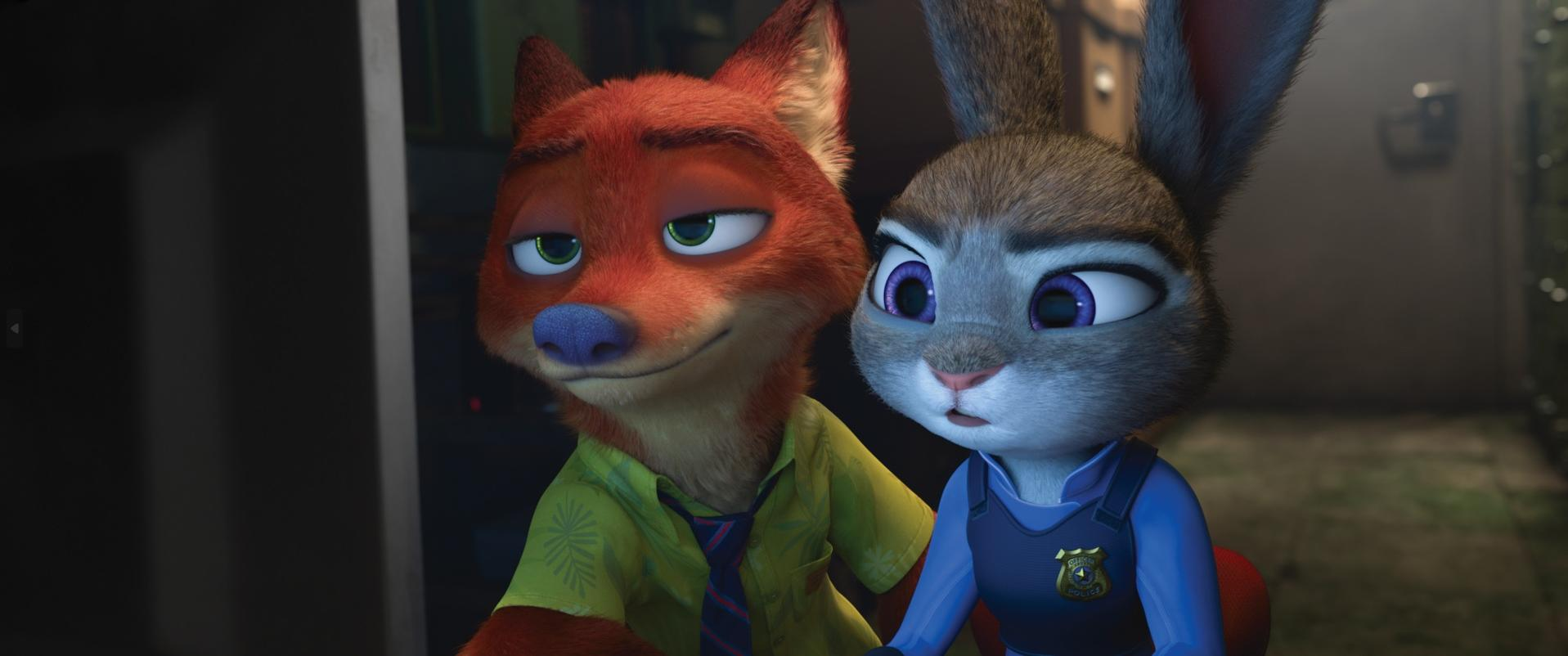 Ein Fuchs und ein Hase in Polizeiuniform schauen nach links. Der Fuchs trägt ein Hemd.