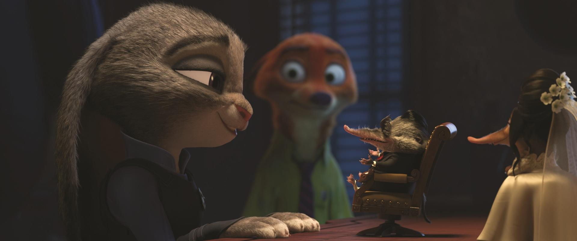 Ein Fuchs und ein Hase blicken auf ein Tier in einem Anzug, das in einem Stuhl sitzt.