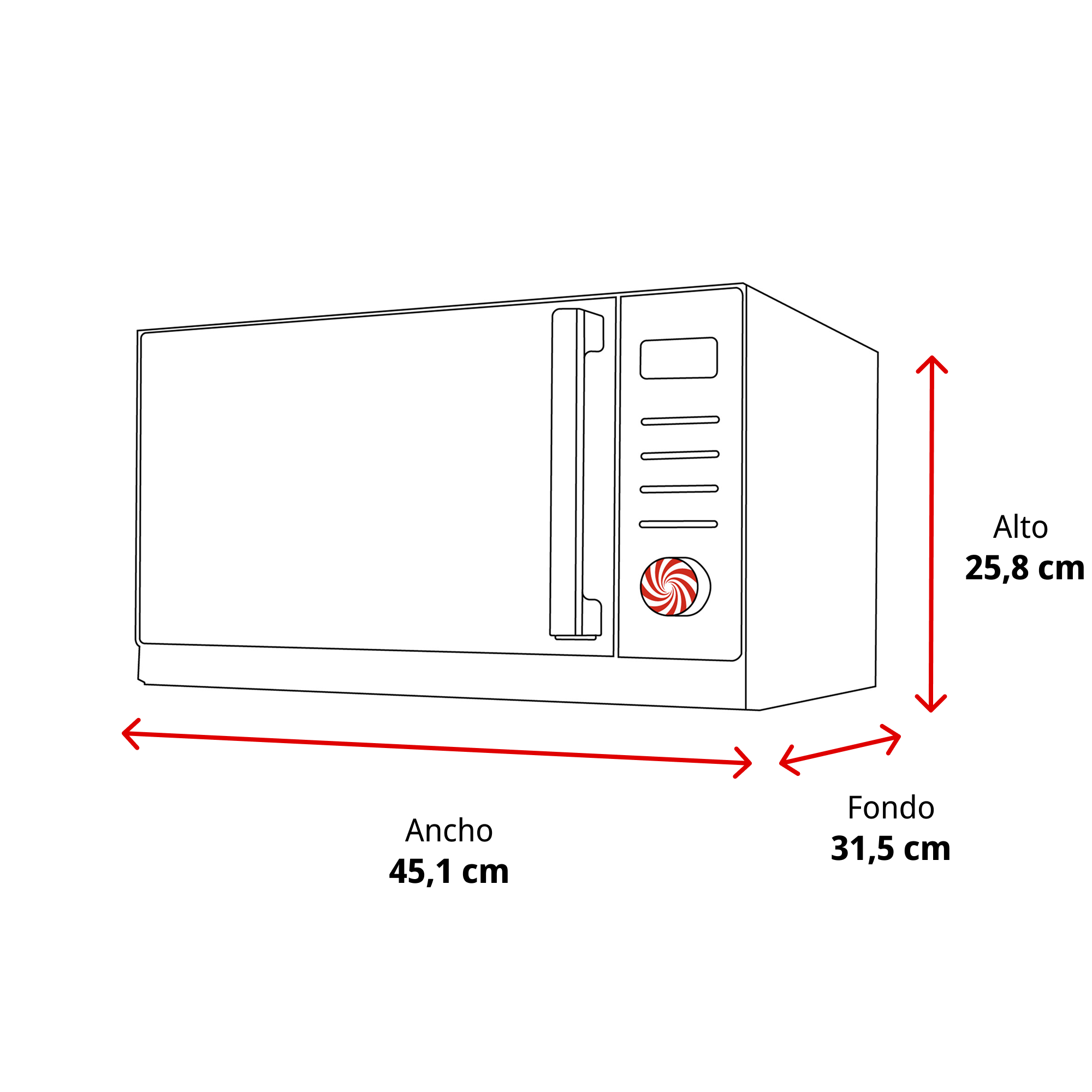 Un dibujo lineal de un microondas con dimensiones: 45,1cm ancho, 31,5cm fondo, 25,8cm alto.