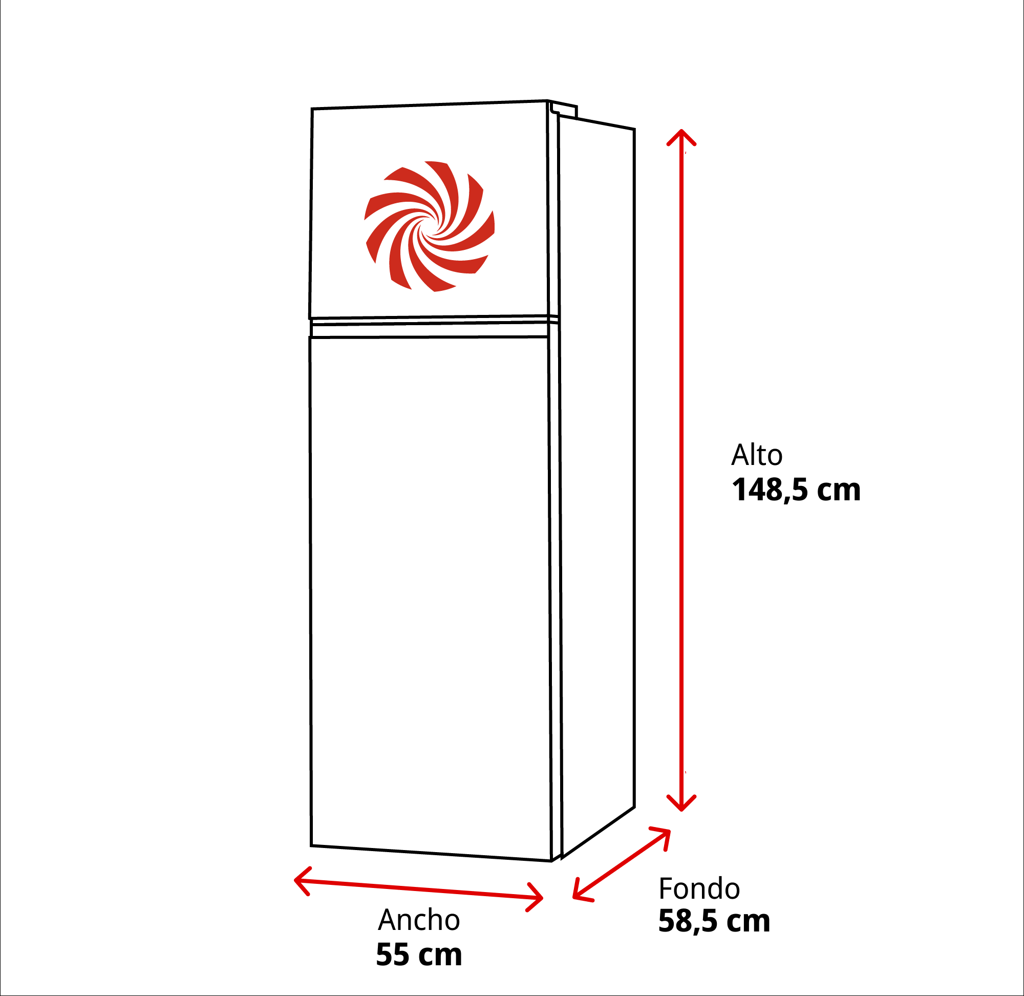 Refrigerador con dimensiones: A 148,5 cm, An 55 cm, Fo 58,5 cm.
