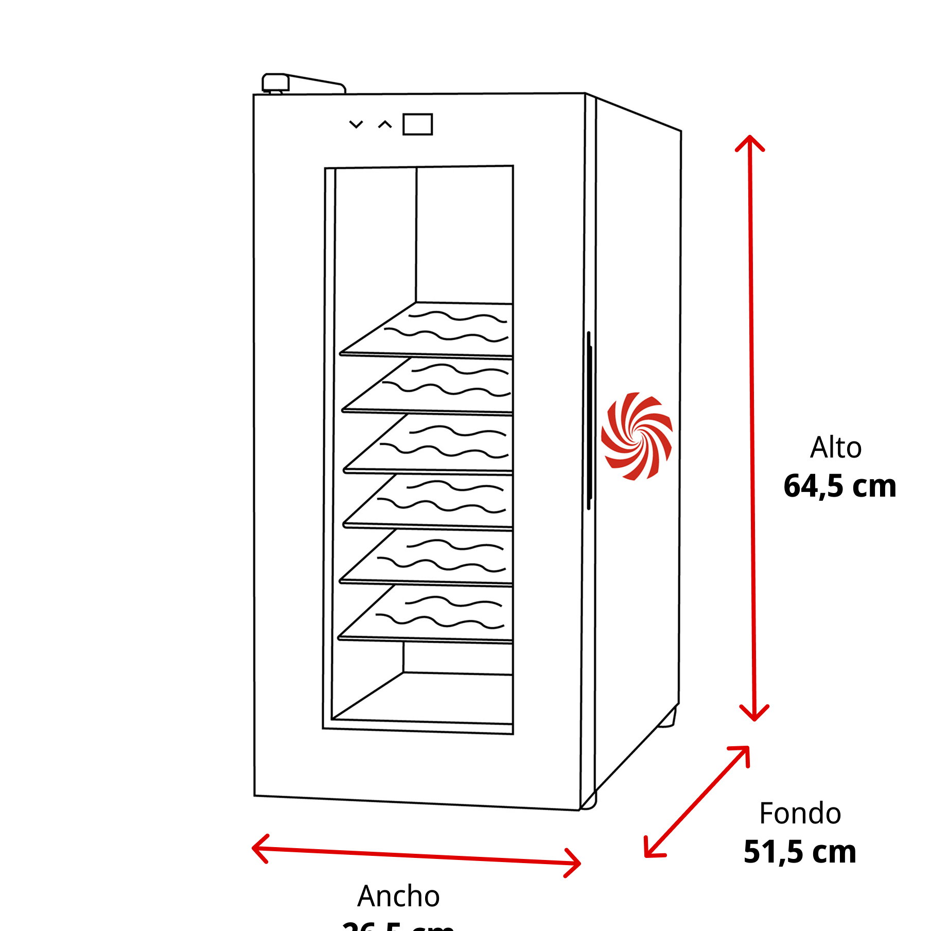 Dibujo de un deshidratador de alimentos con dimensiones: alto 64,5 cm, ancho 26,5 cm, fondo 51,5 cm.