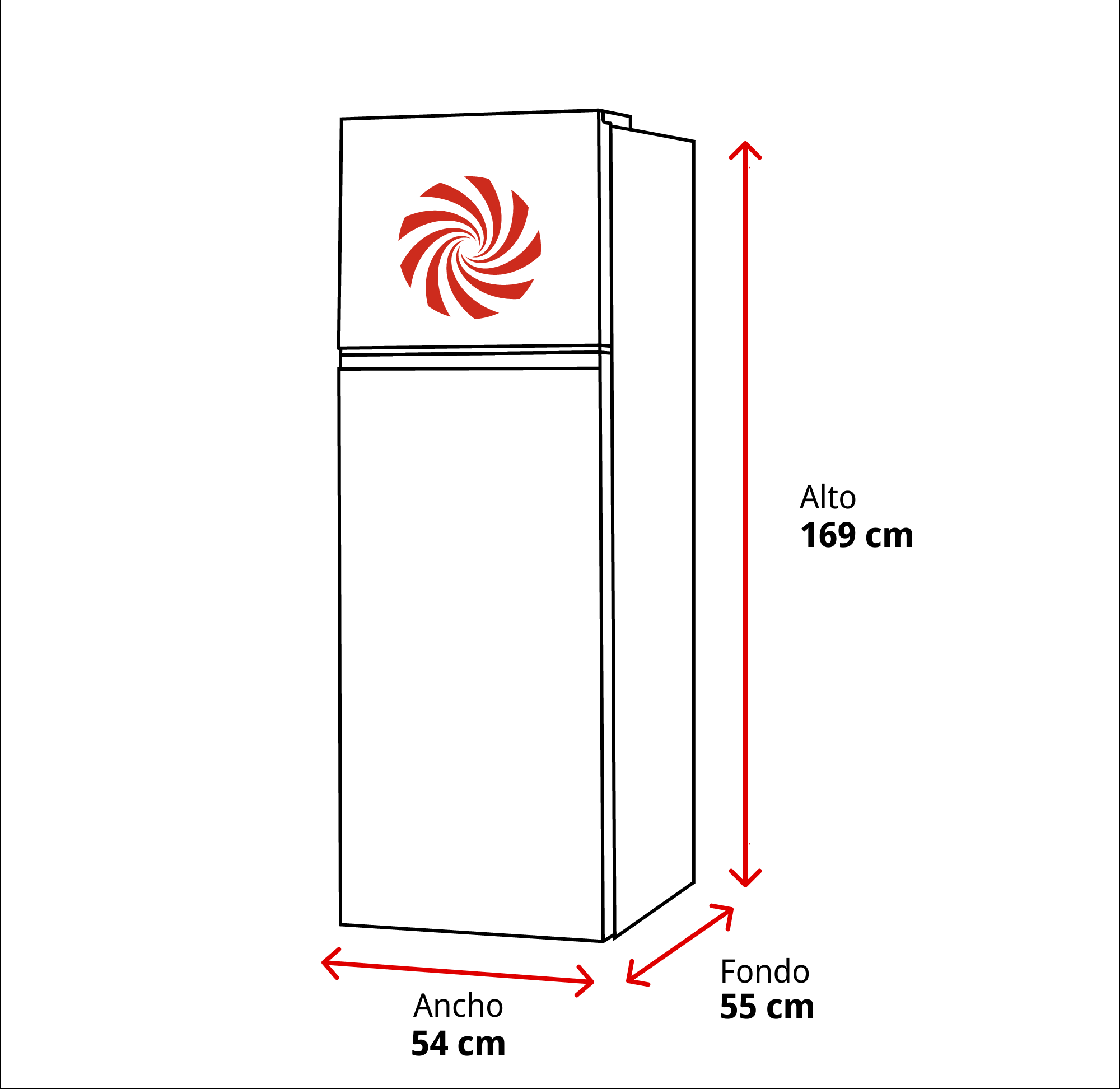 Un refrigerador con medidas rojas: Alto 169 cm, Ancho 54 cm, Fondo 55 cm.