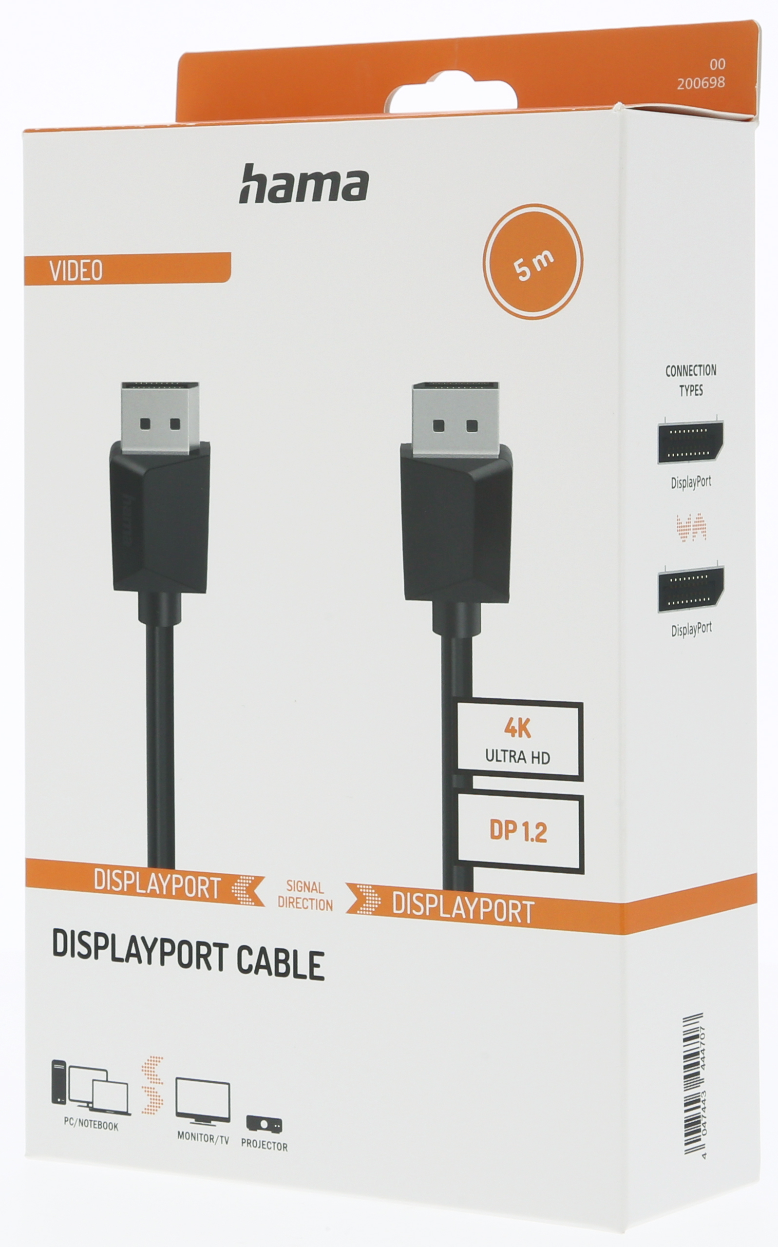 Hama DisplayPort Kablo 5m, 4K Ultra HD, DP 1.2, PC/Dizüstü Bilgisayar, Monitör/TV, Projektör için.