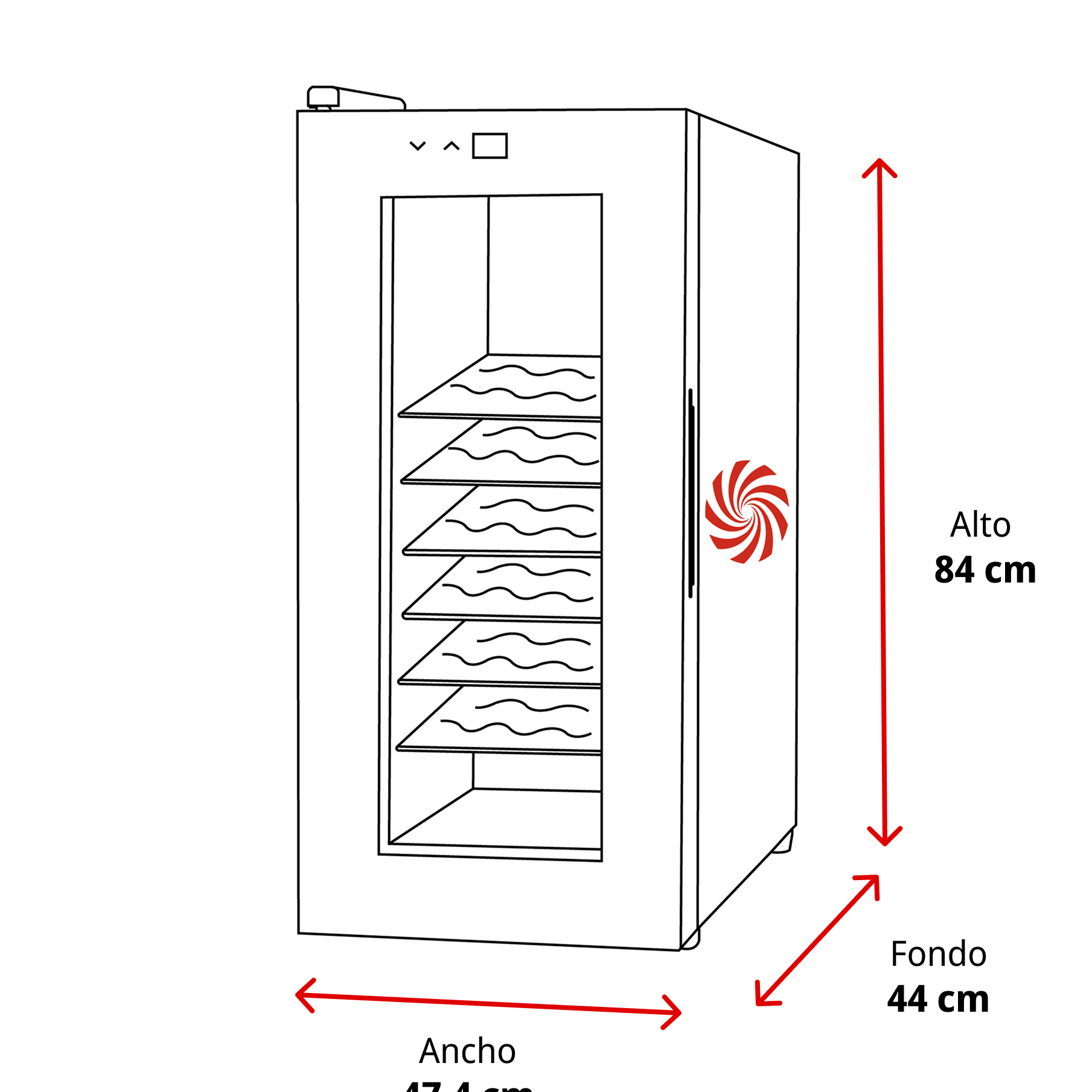Un electrodoméstico con 5 bandejas, 84 cm de alto, 47,4 cm de ancho y 44 cm de fondo.