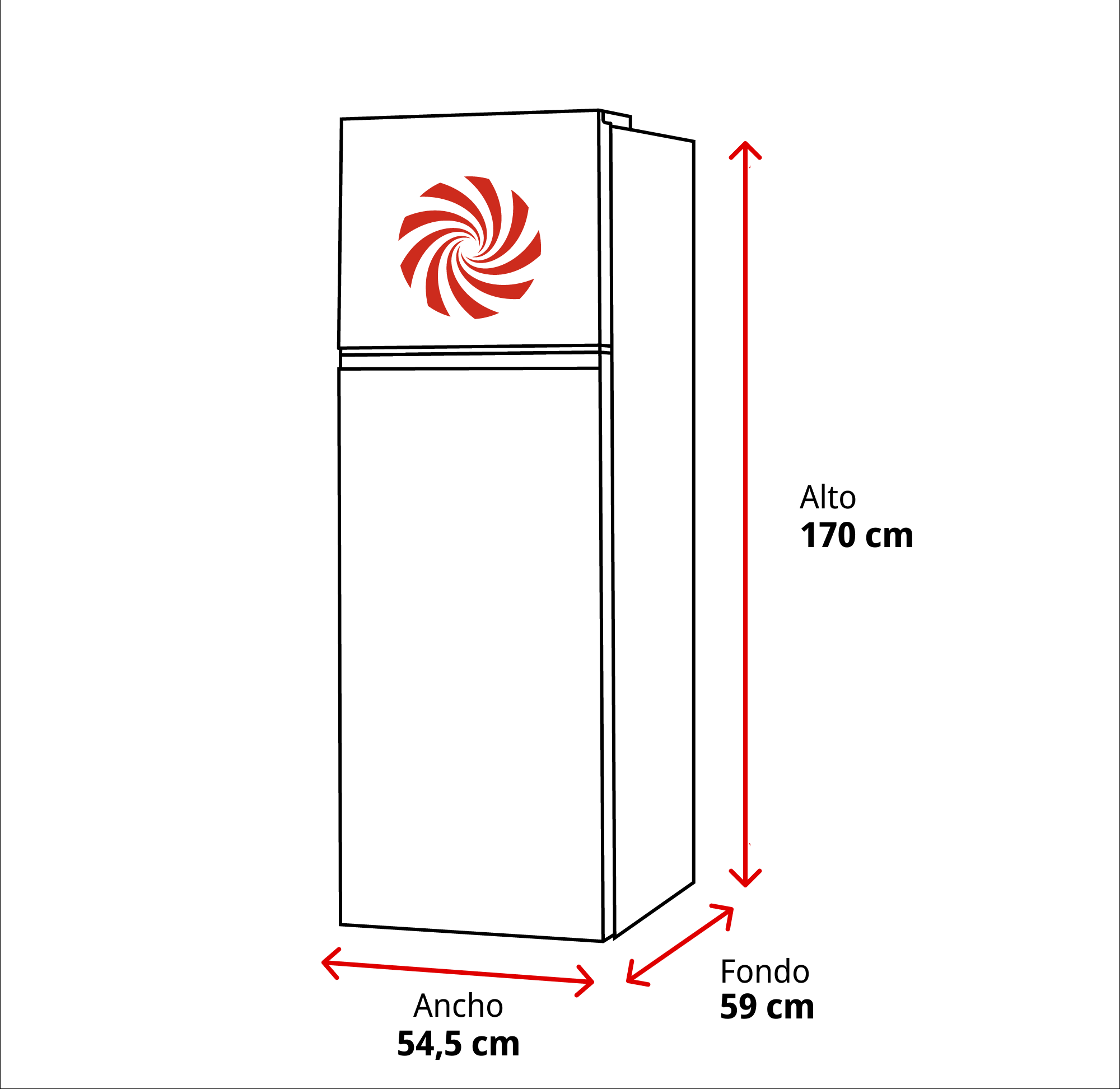 Un refrigerador con pegatina de remolino rojo, 170 cm alto, 54,5 cm ancho, 59 cm profundo.