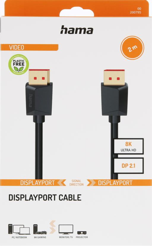 Hama 2m DP 2.1 kablo 8K Ultra HD için, DisplayPort konektörlü.