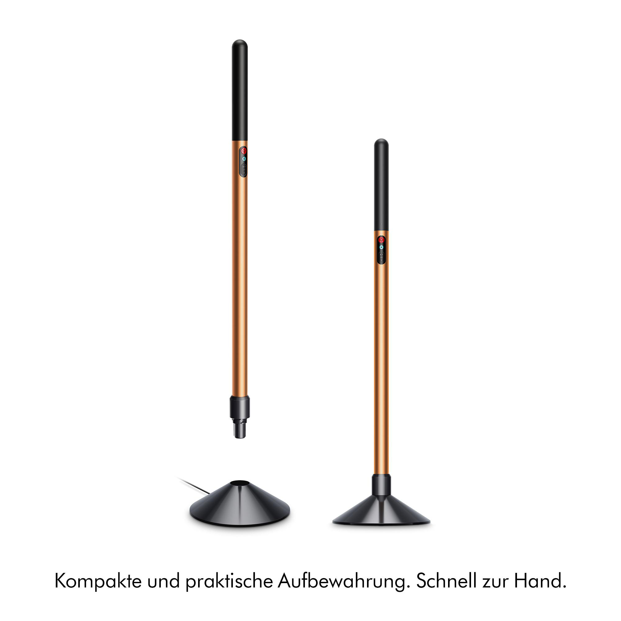 Zwei goldene Stäbe mit schwarzen Spitzen und schwarzen Sockeln auf weißem Grund.