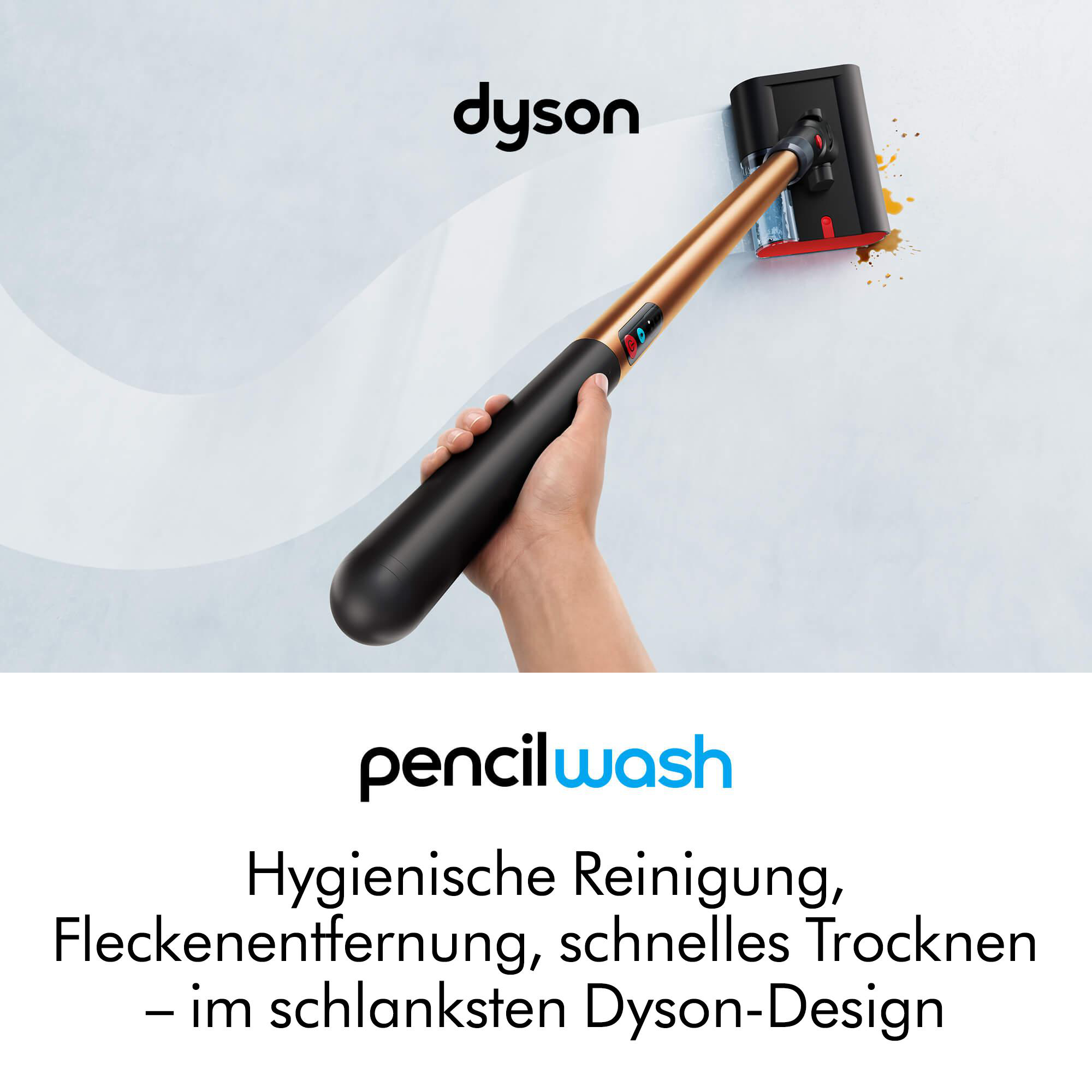 Ein Dyson-Bodenreiniger mit goldfarbenem Stiel reinigt einen Fleck.