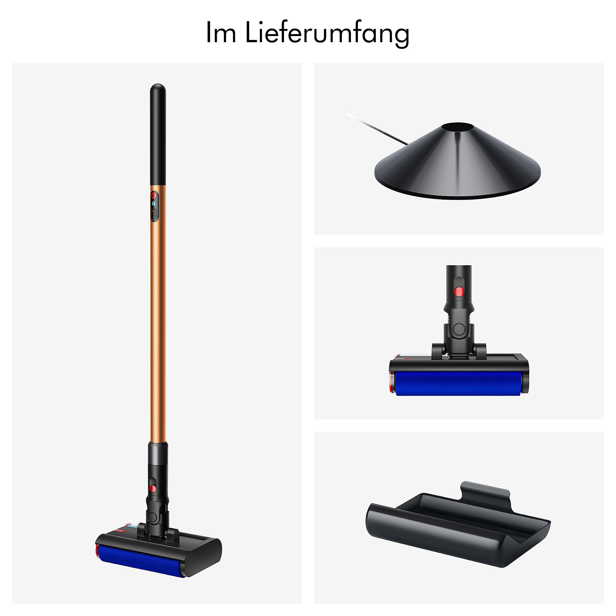 Ein goldener Stielstaubsauger mit blauem Bürstenkopf und Zubehör.