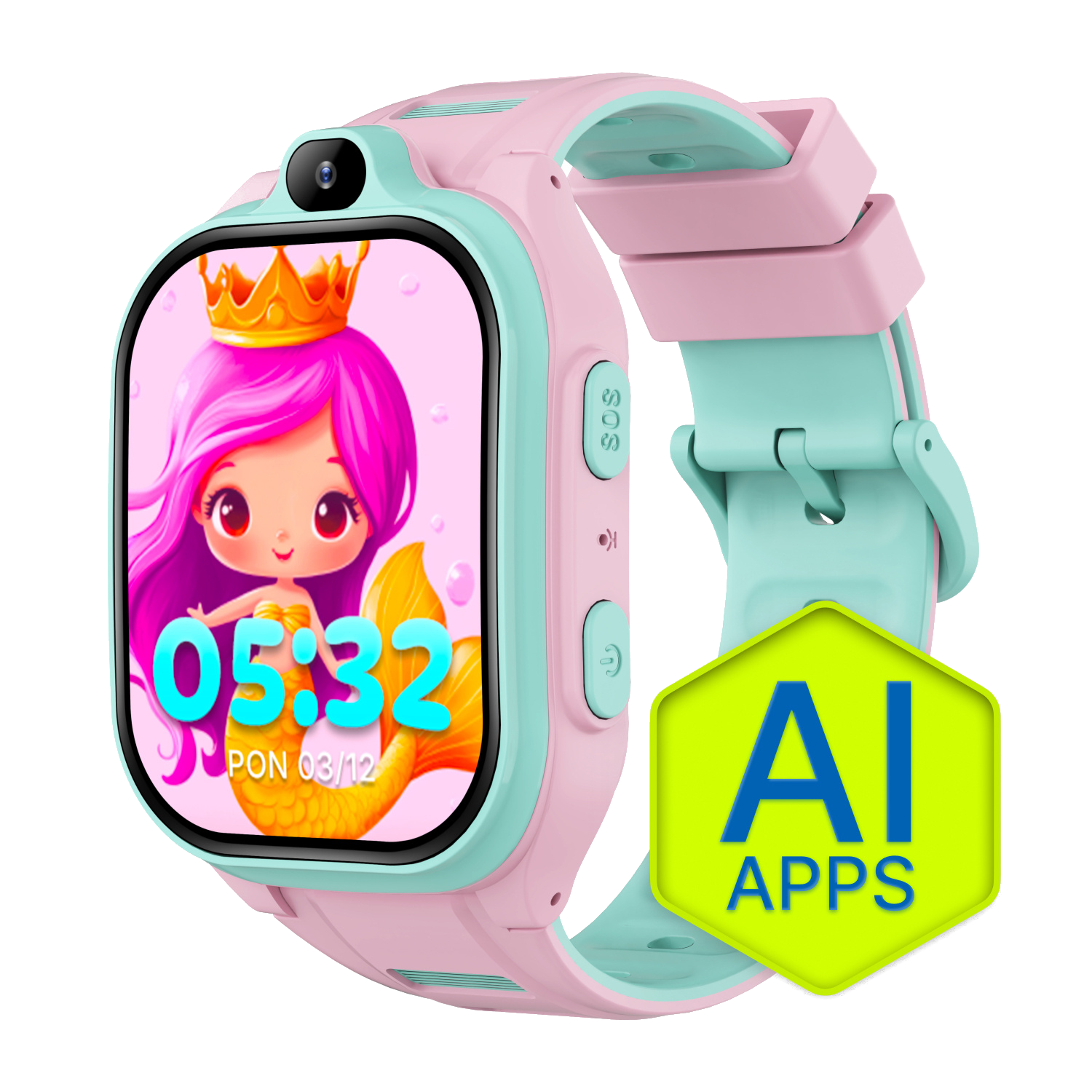 Różowy i miętowy smartwatch wyświetla syrenkę i godzinę 05:32.