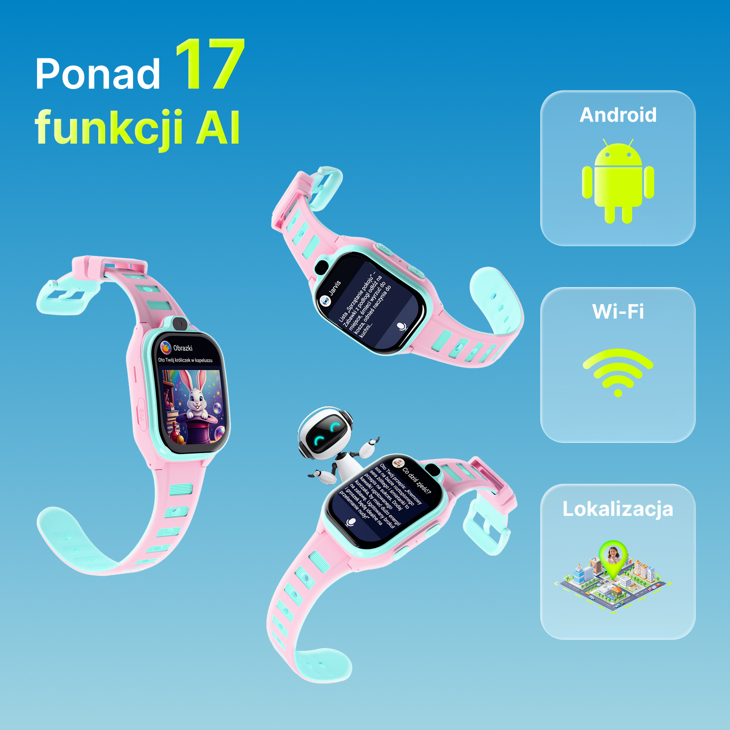 Różowy smartwatch dla dzieci pokazujący aplikacje jak Obrazki, Jarvis, Android, Wi-Fi i Lokalizacja.