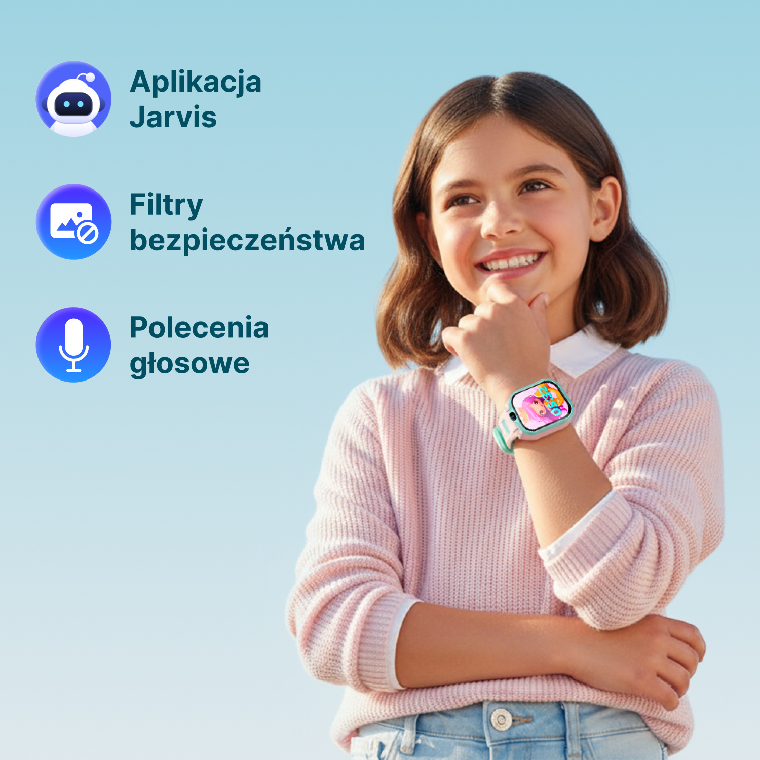 Dziewczynka nosi smartwatch z kolorową tarczą, obok ikon aplikacji, filtrów i poleceń głosowych.