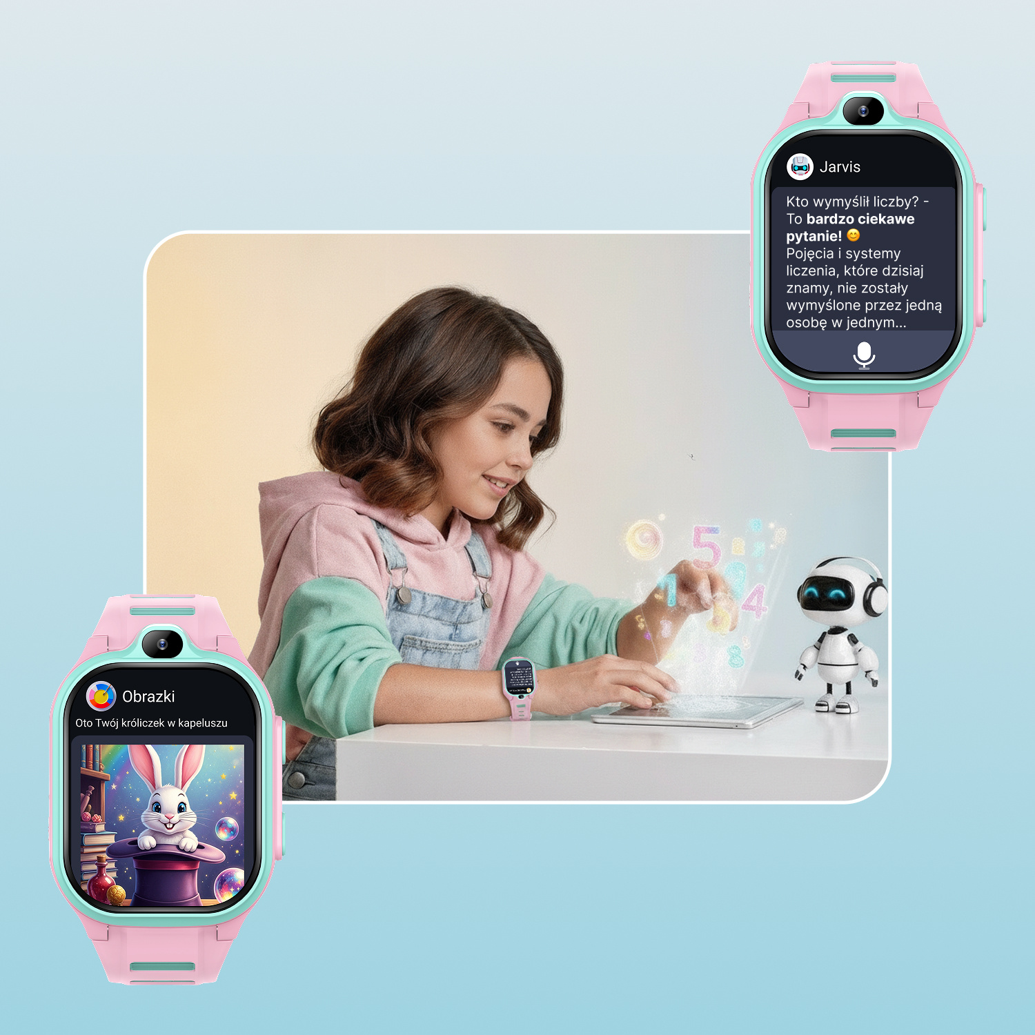 Dziewczynka używa tabletu, smartwatch pokazuje Jarvis, drugi pokazuje królika.