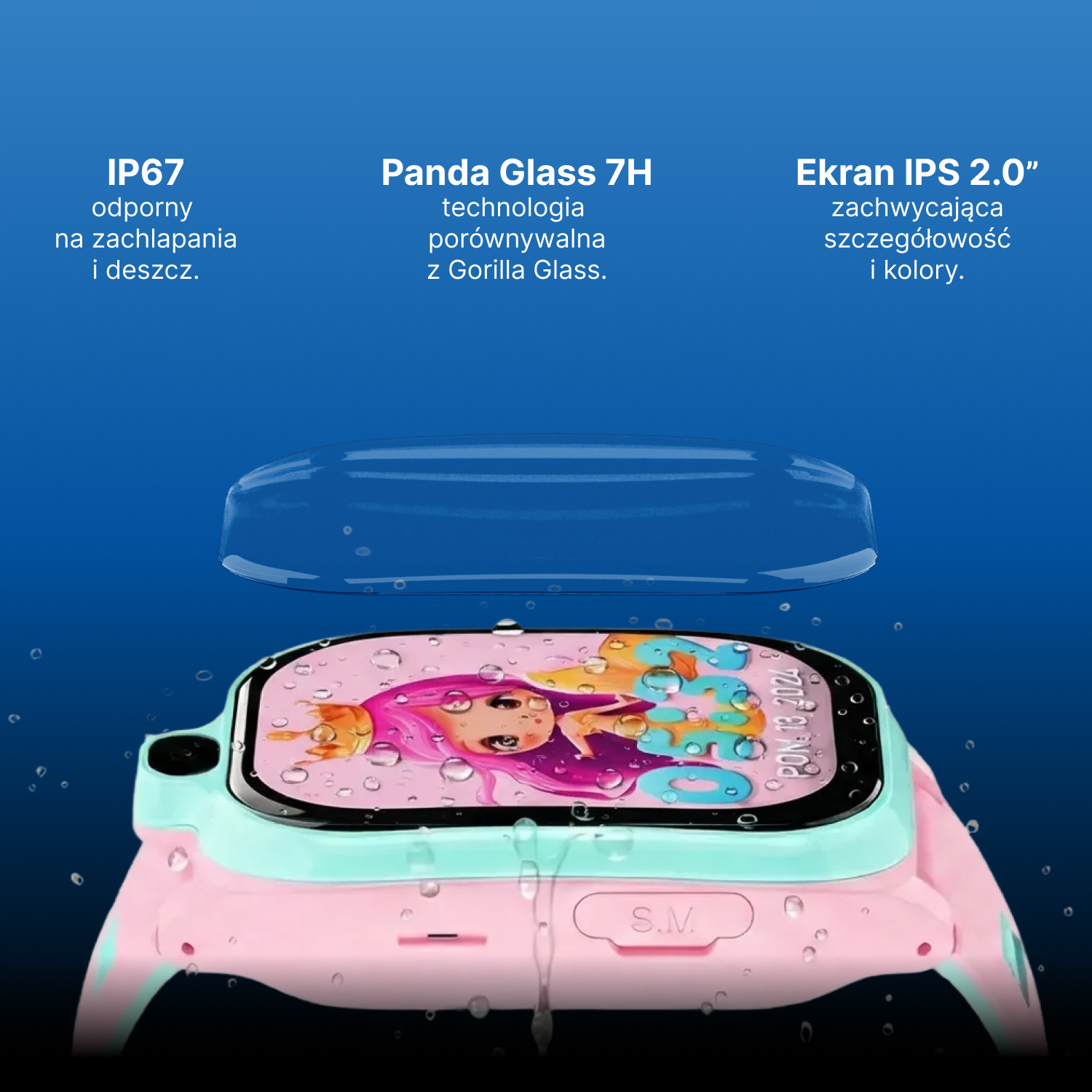 Różowy i turkusowy smartwatch z wodą na ekranie i kroplami wody.