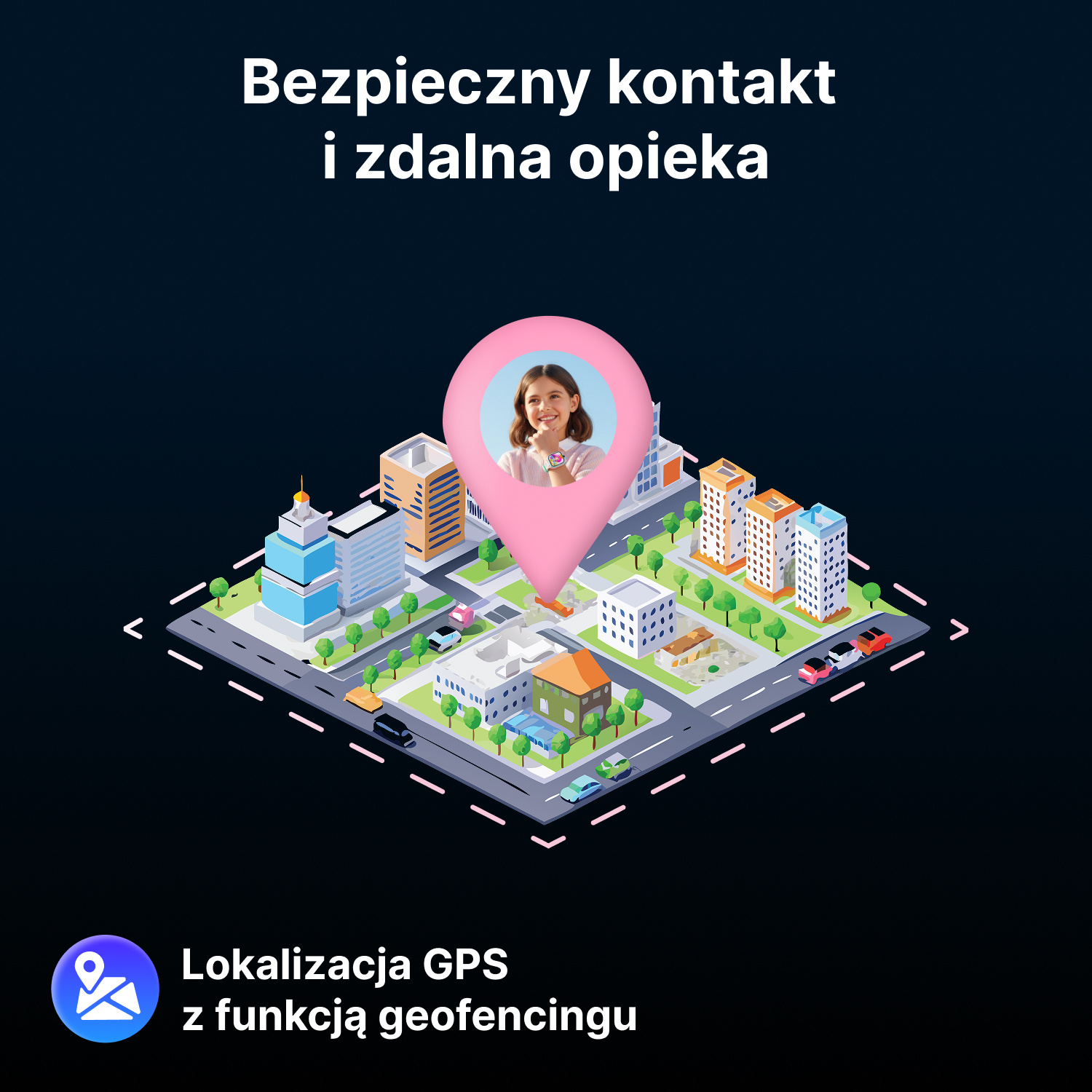 Ilustracja miasta z dziewczynką na mapie. Lokalizacja GPS.