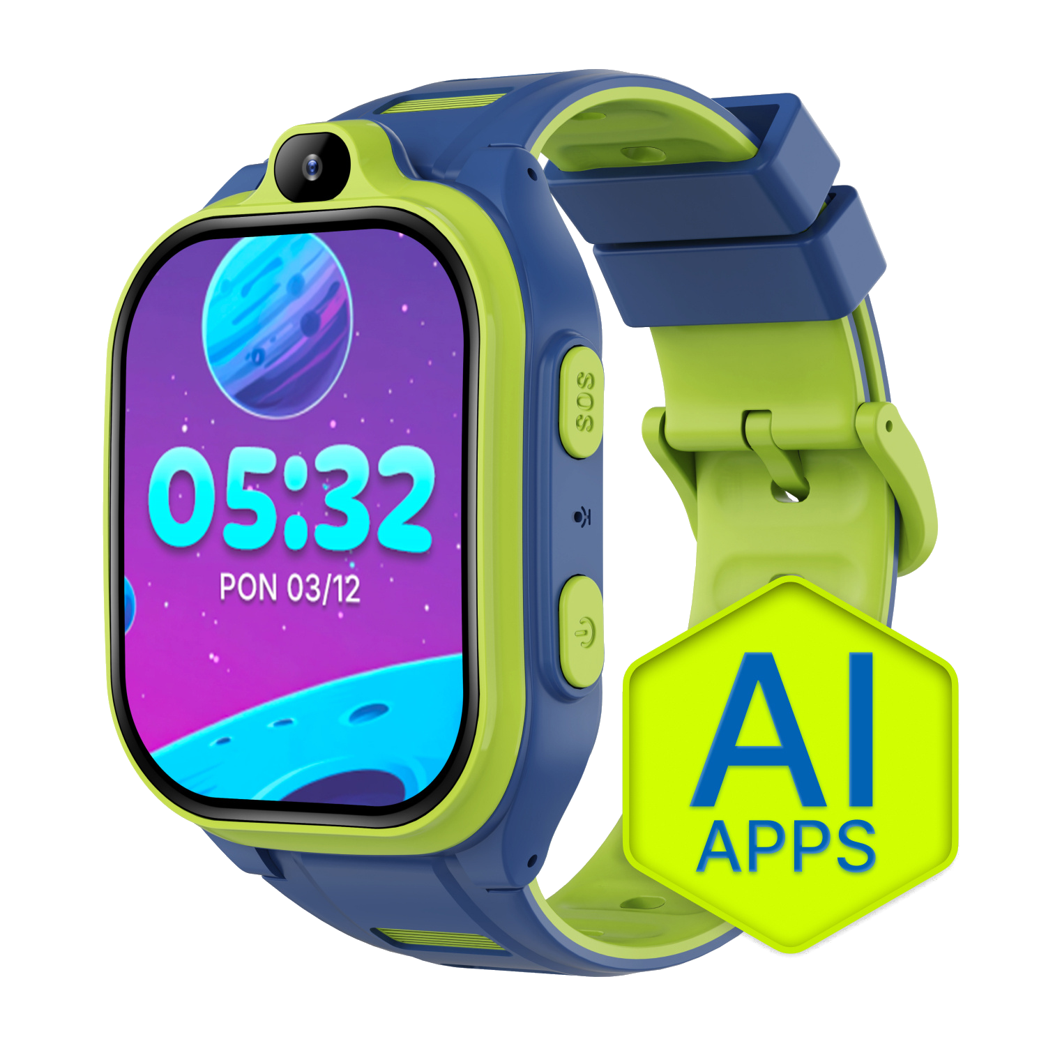 Niebiesko-zielony smartwatch z gwiezdnym tłem, godzina 05:32.