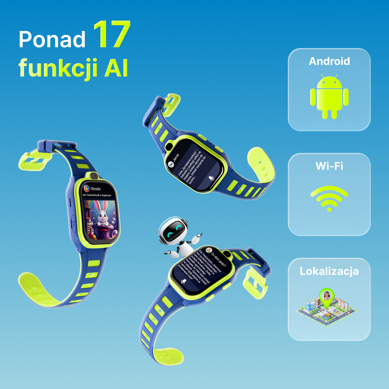Niebieskie i żółte smartwatche pokazują funkcje AI, Android, Wi-Fi i lokalizację.