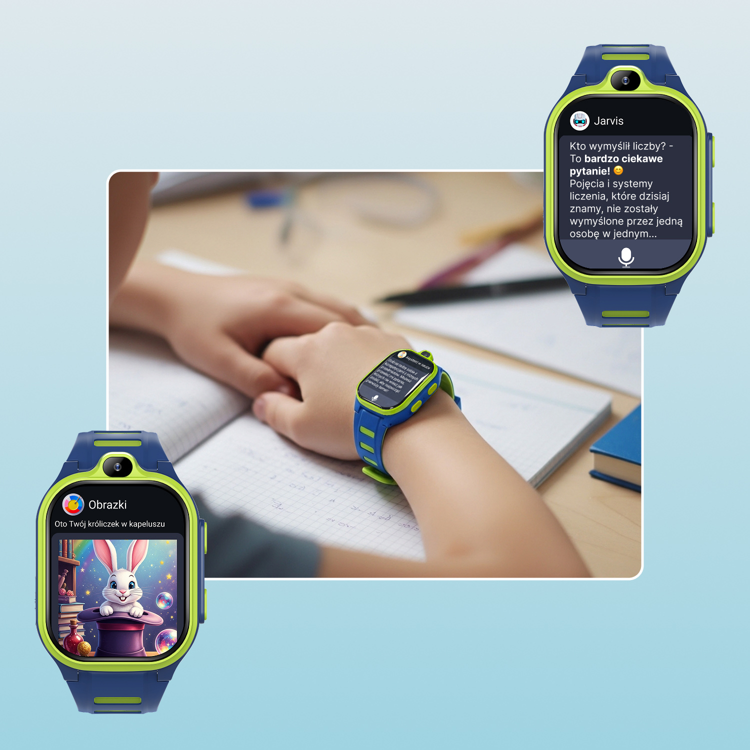 Niebiesko-zielony smartwatch wyświetla wiadomość od Jarvisa i obrazek królika.