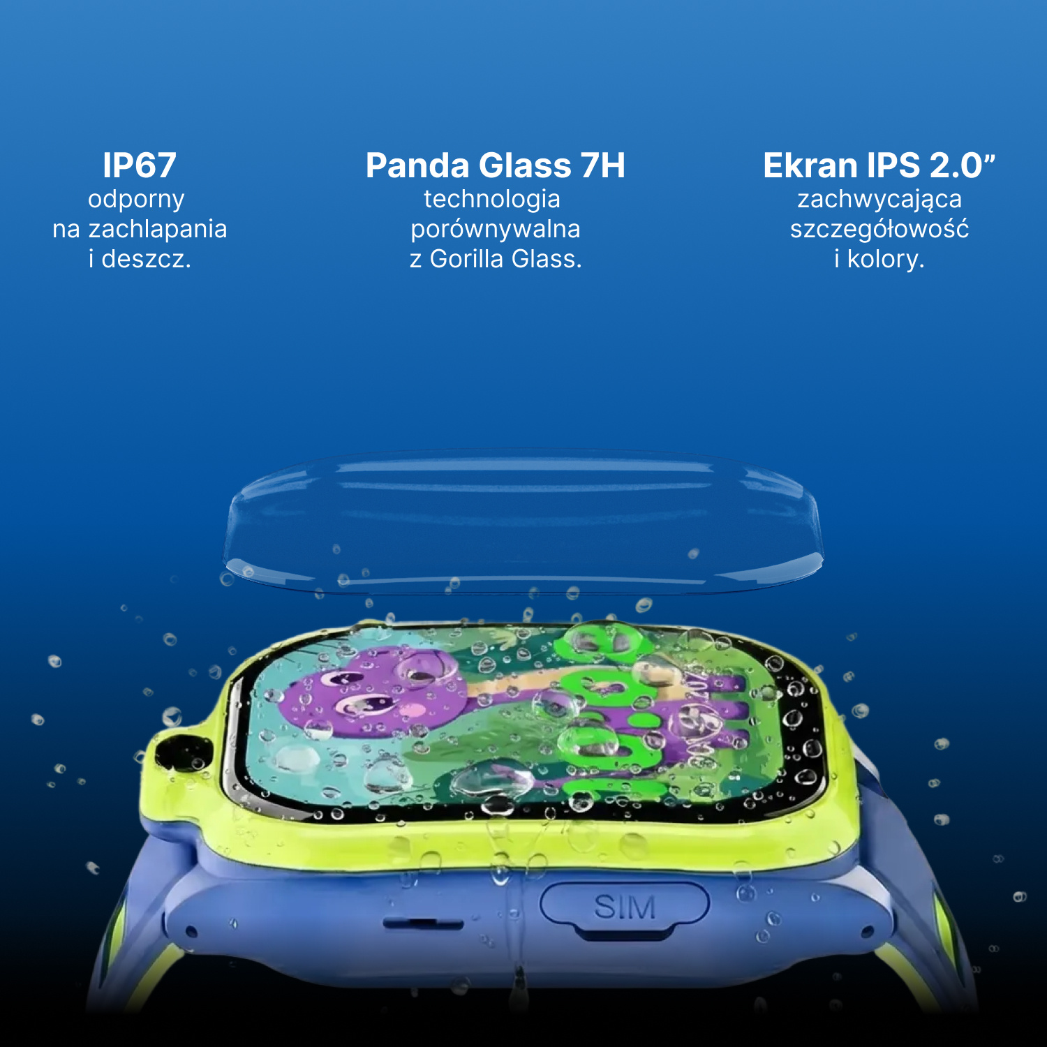 Niebiesko-żółty smartwatch z kroplami wody, certyfikat IP67.
