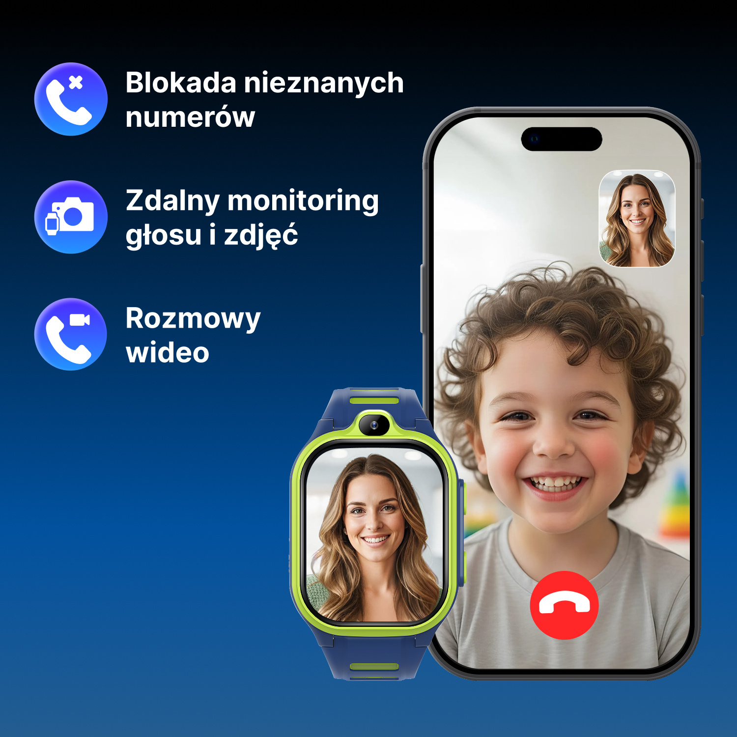 Smartwatch i smartfon pokazują rozmowy wideo między dzieckiem a kobietą.