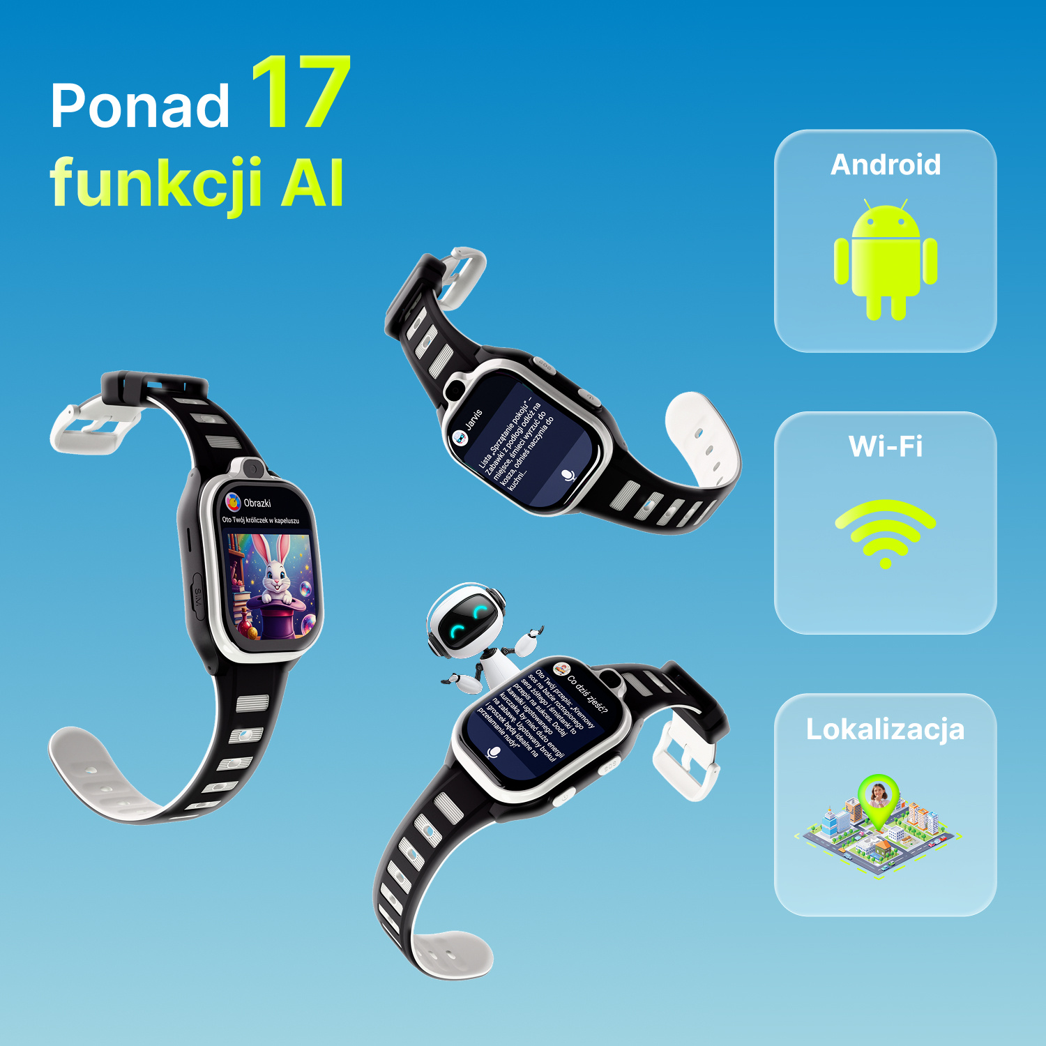 Dwa smartwatche z funkcjami AI, ikonami Android, Wi-Fi i lokalizacją.