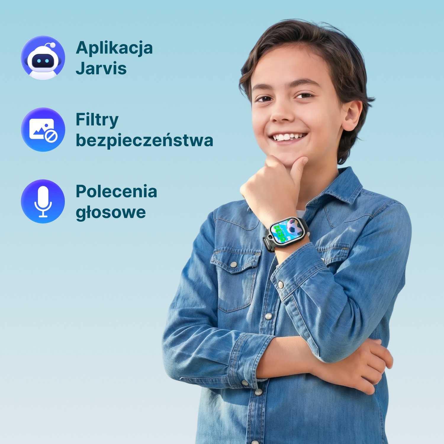 Chłopiec z zegarkiem i ikonami Jarvis, filtrów i poleceń głosowych.