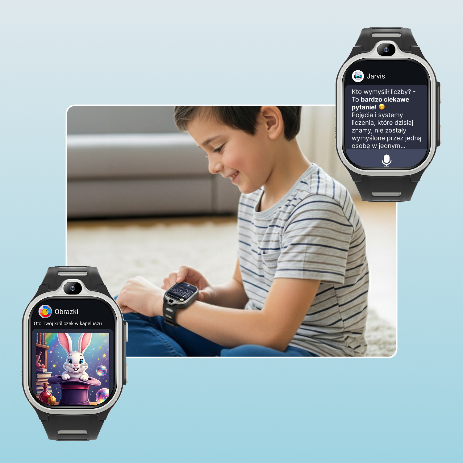 Chłopiec patrzy na smartwatch z królikiem w kapeluszu, inny zegarek wyświetla tekst.