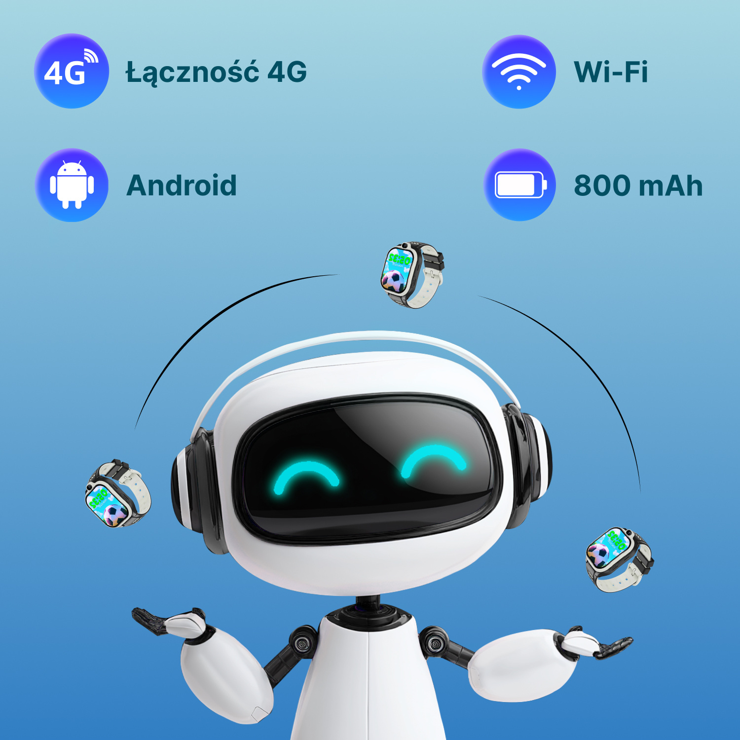 Robot ze słuchawkami żongluje smartwatchami. Funkcje: 4G, Wi-Fi, Android, 800 mAh.