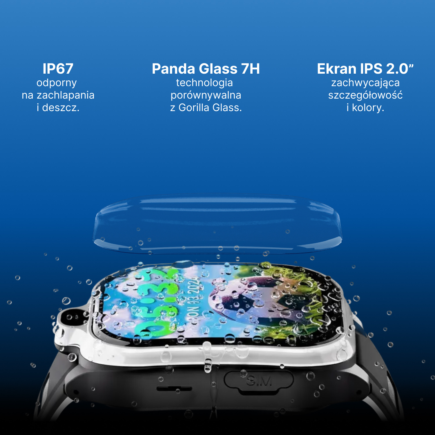 Smartwatch z ekranem pokrytym kroplami wody. Ochrona IP67.