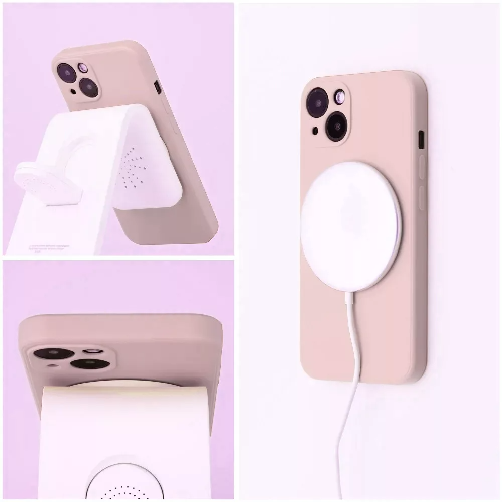 Egy rózsaszín telefon fehér töltőtokkal fehér állványon.