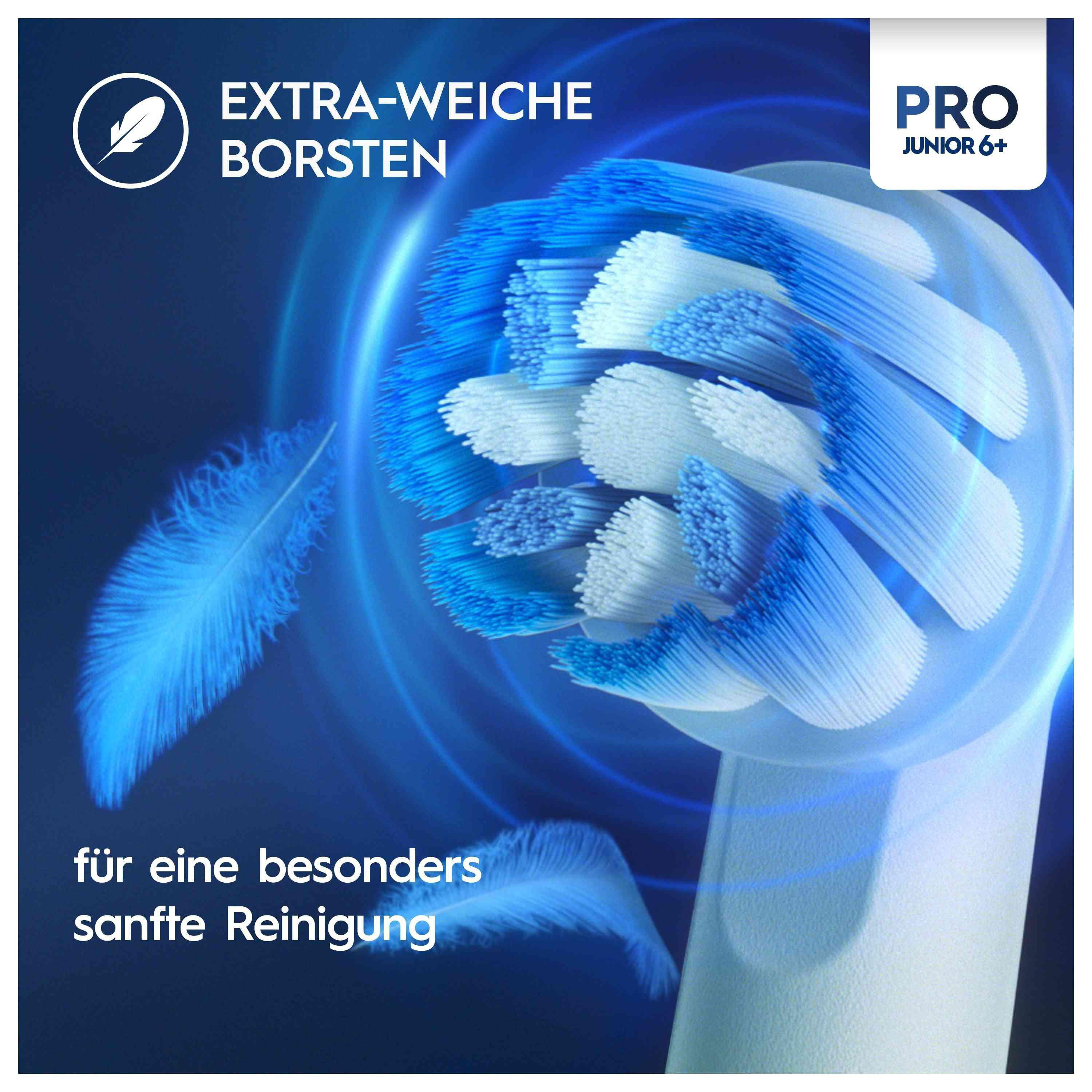 Elektrische Zahnbürste mit weichen Borsten und Federsymbol.