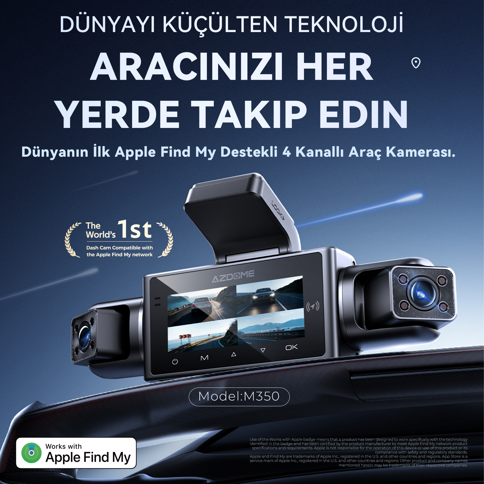 Apple Find My uyumlu, 4 kameralı siyah AZDOME M350 araç kamerası.