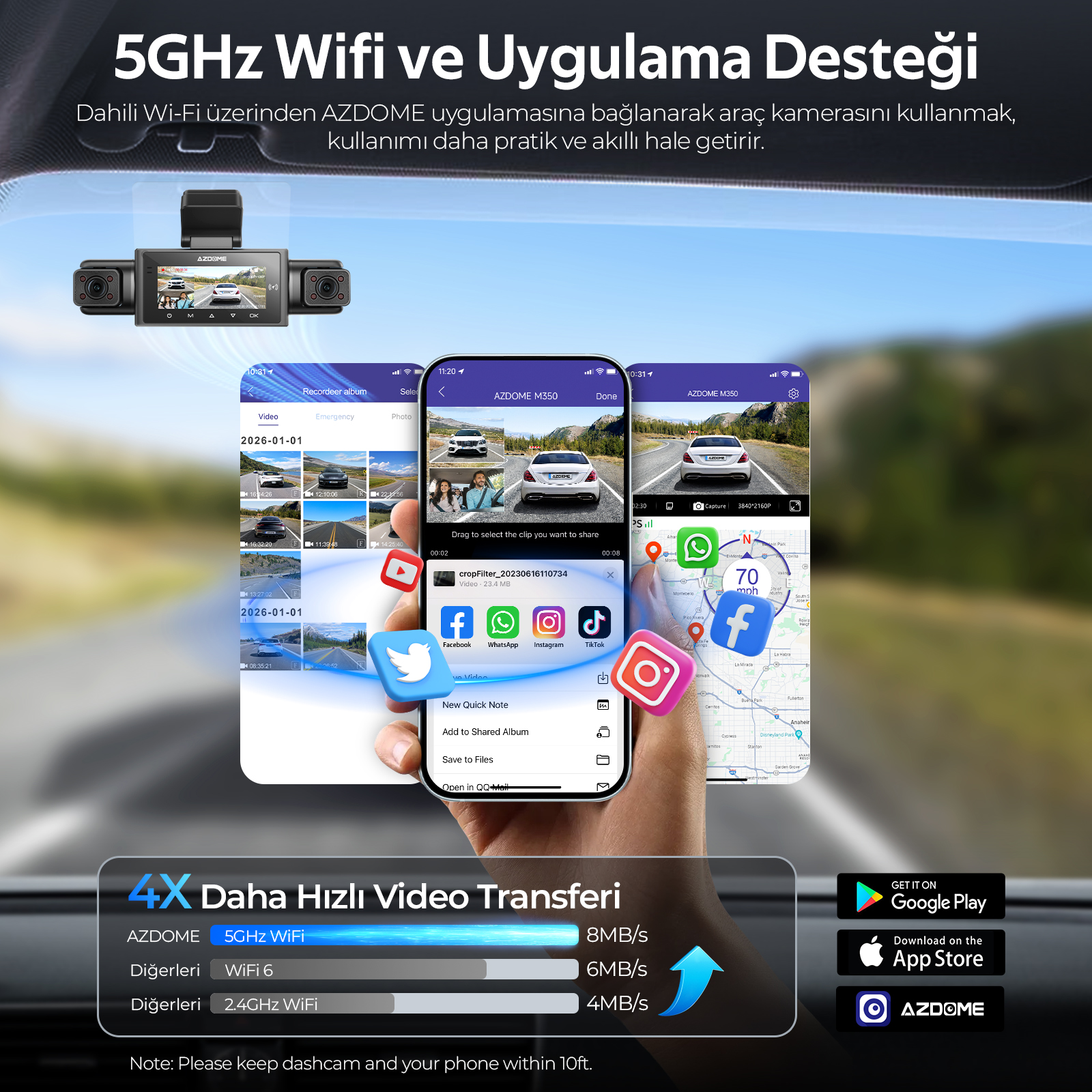 5GHz WiFi'li araç kamerası, akıllı telefon uygulamasına bağlı, video paylaşım seçeneklerini gösteriyor.