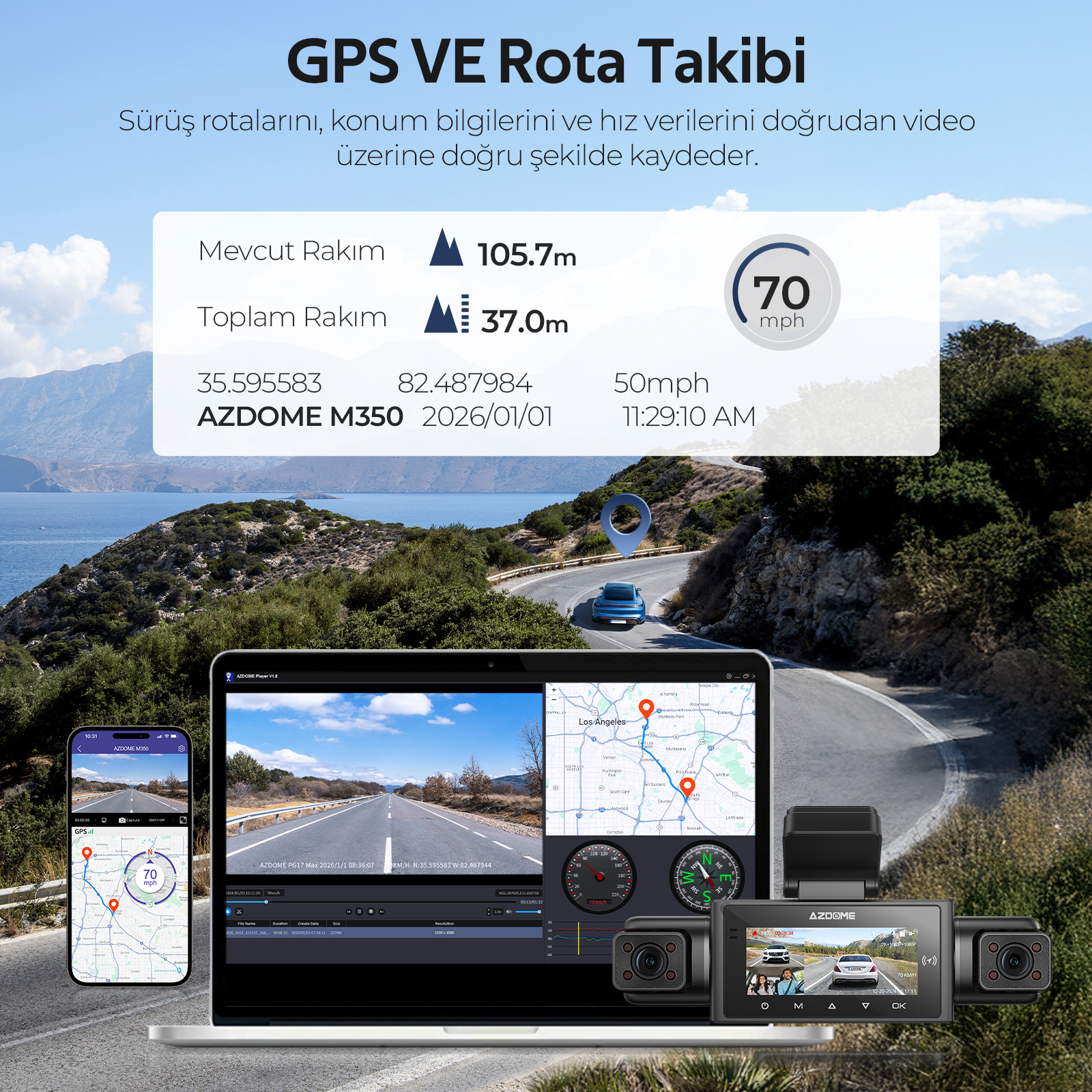 Araç gösterge paneli, GPS haritası, altimetre ve hız göstergesi içerir.