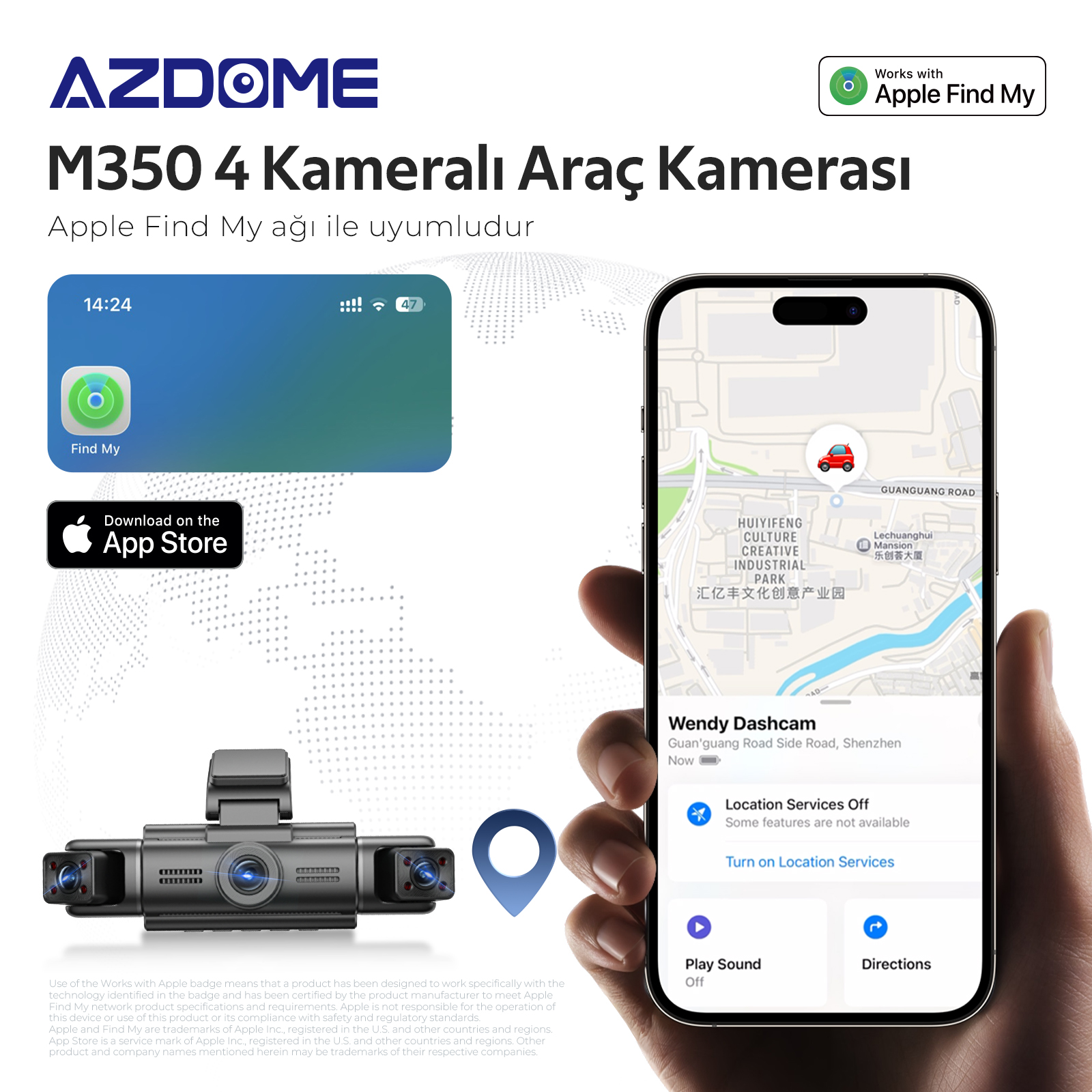 AZDOME M350 araç kamerası Find My destekli, telefonda harita ve App Store.