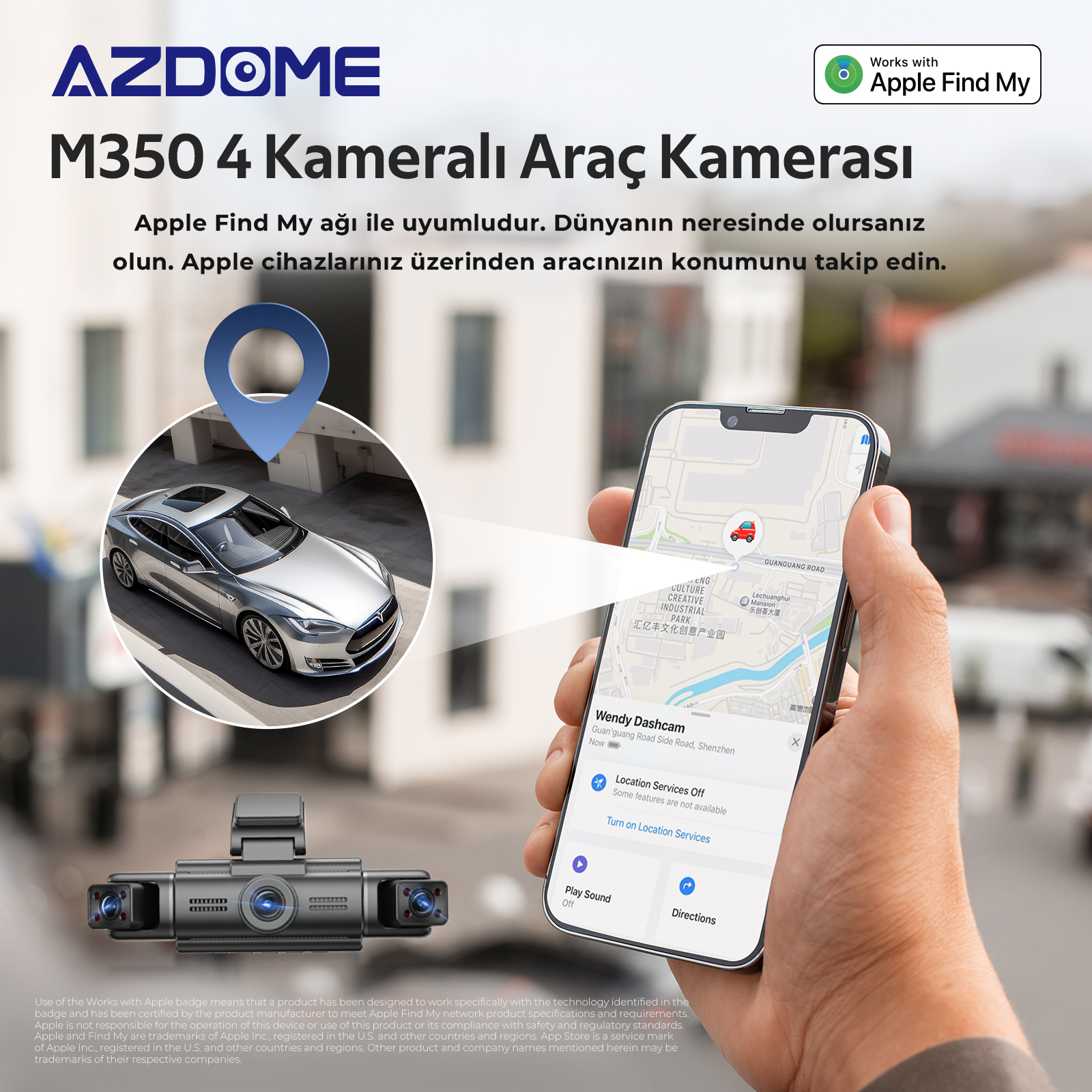 AZDOME M350 Dashcam: Gümüş araba, haritalı telefon ve ön planda dashcam.