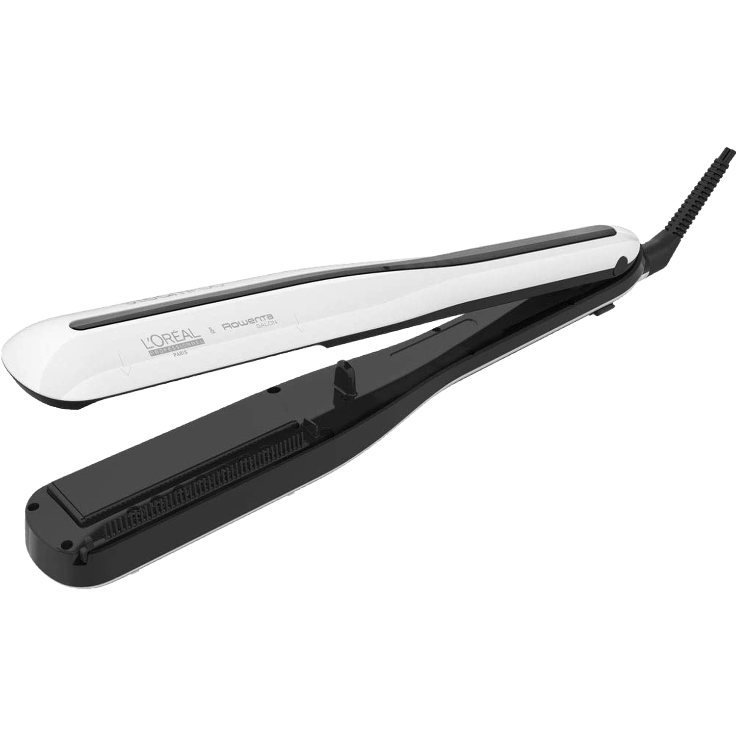 Een open witte en zwarte L'Oréal stijltang tegen een witte achtergrond.