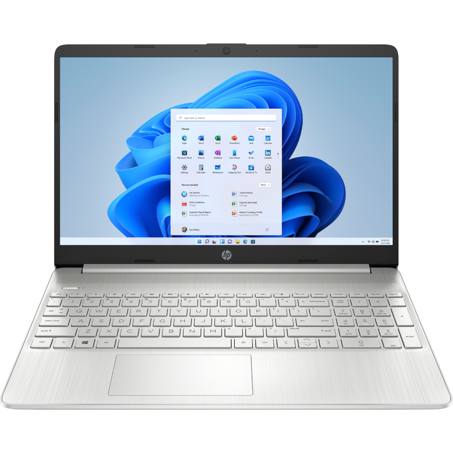 Een zilveren HP laptop met het Windows 11 startmenu geopend.