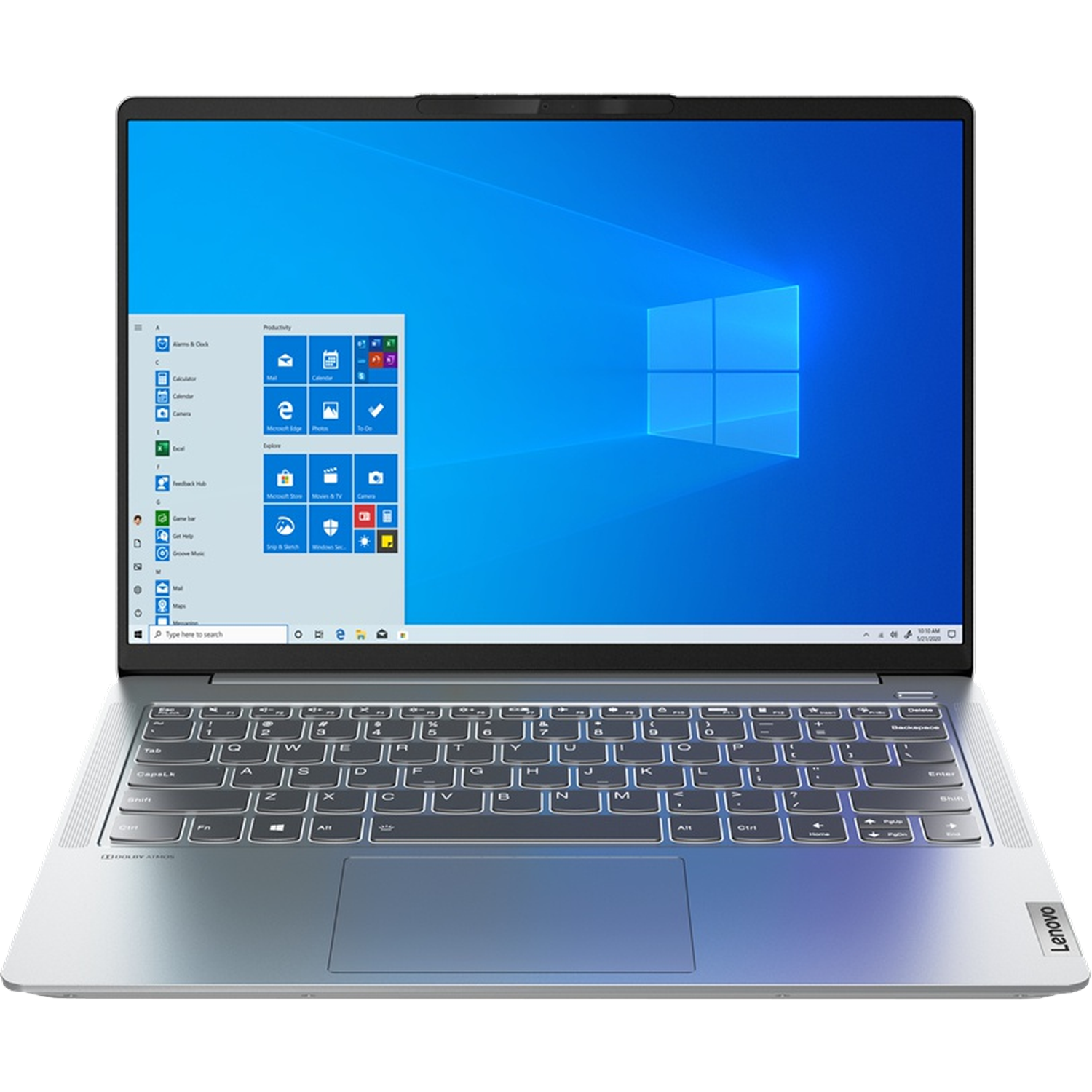 Un ordinateur portable Lenovo ouvert affichant Windows 10 avec clavier rétroéclairé.